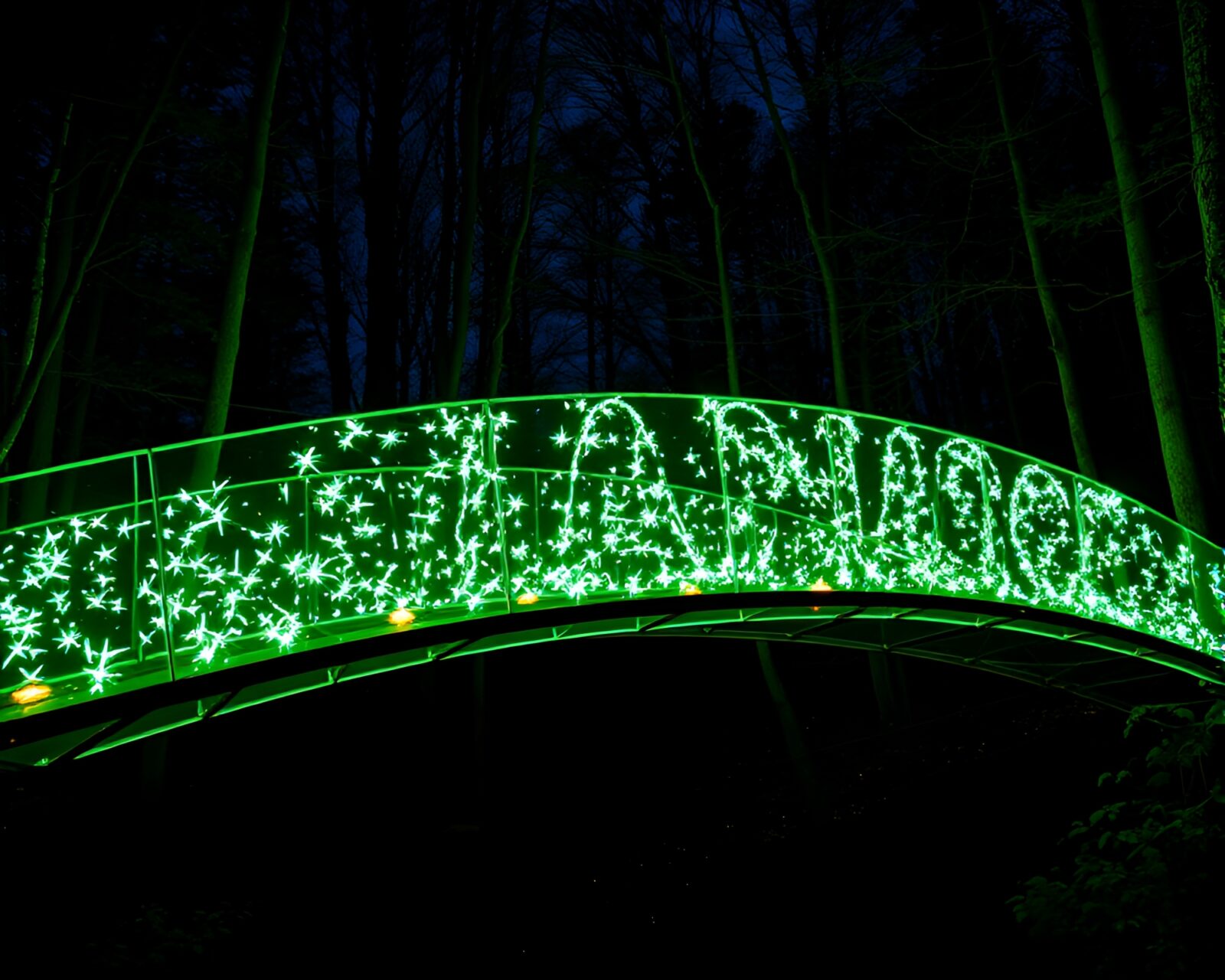 Enchanted forest green glass bridge with neon sparklers weaving trails