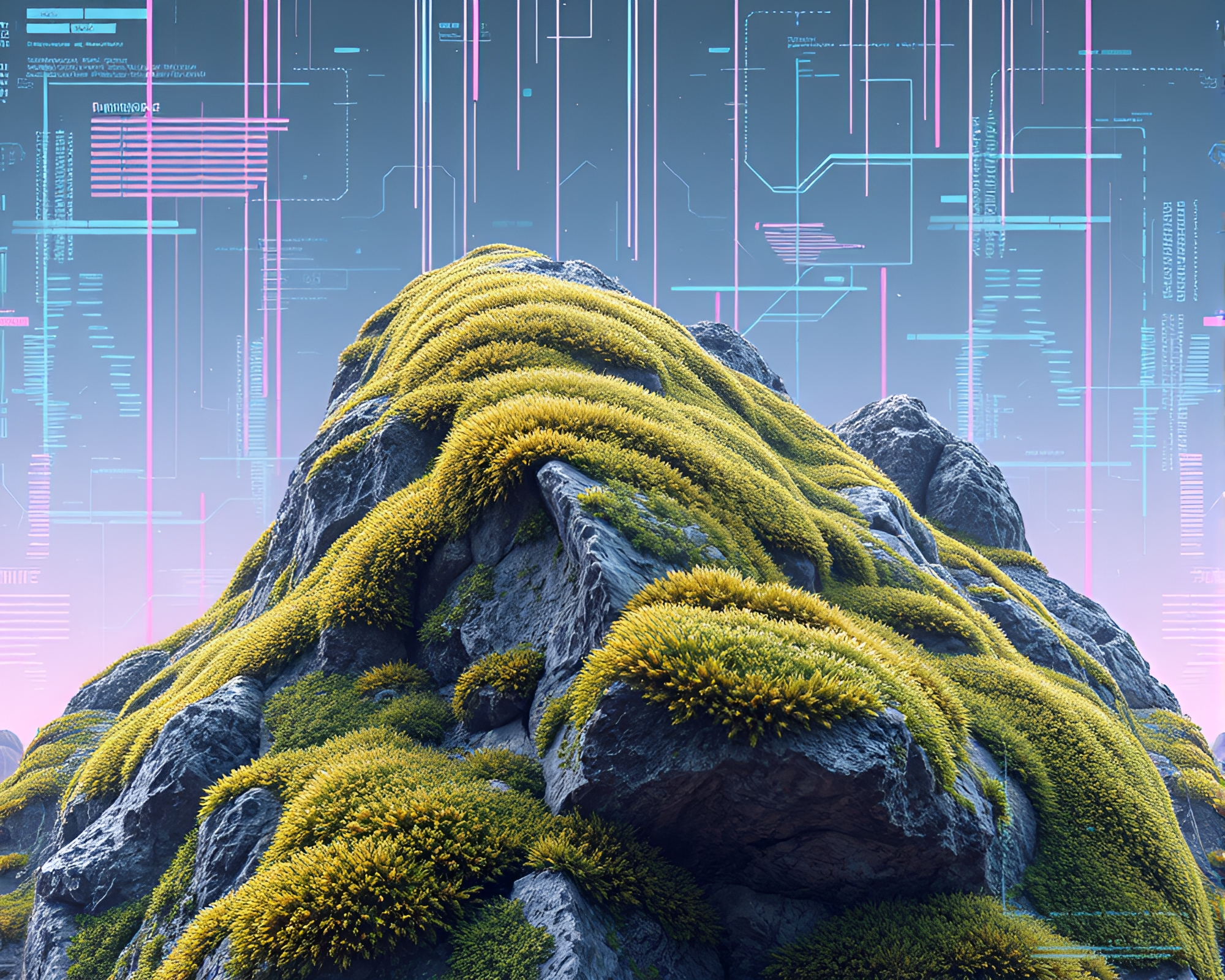 Futuristic Moss-Covered Rock with Crosshatched Detailing – free AI stock image