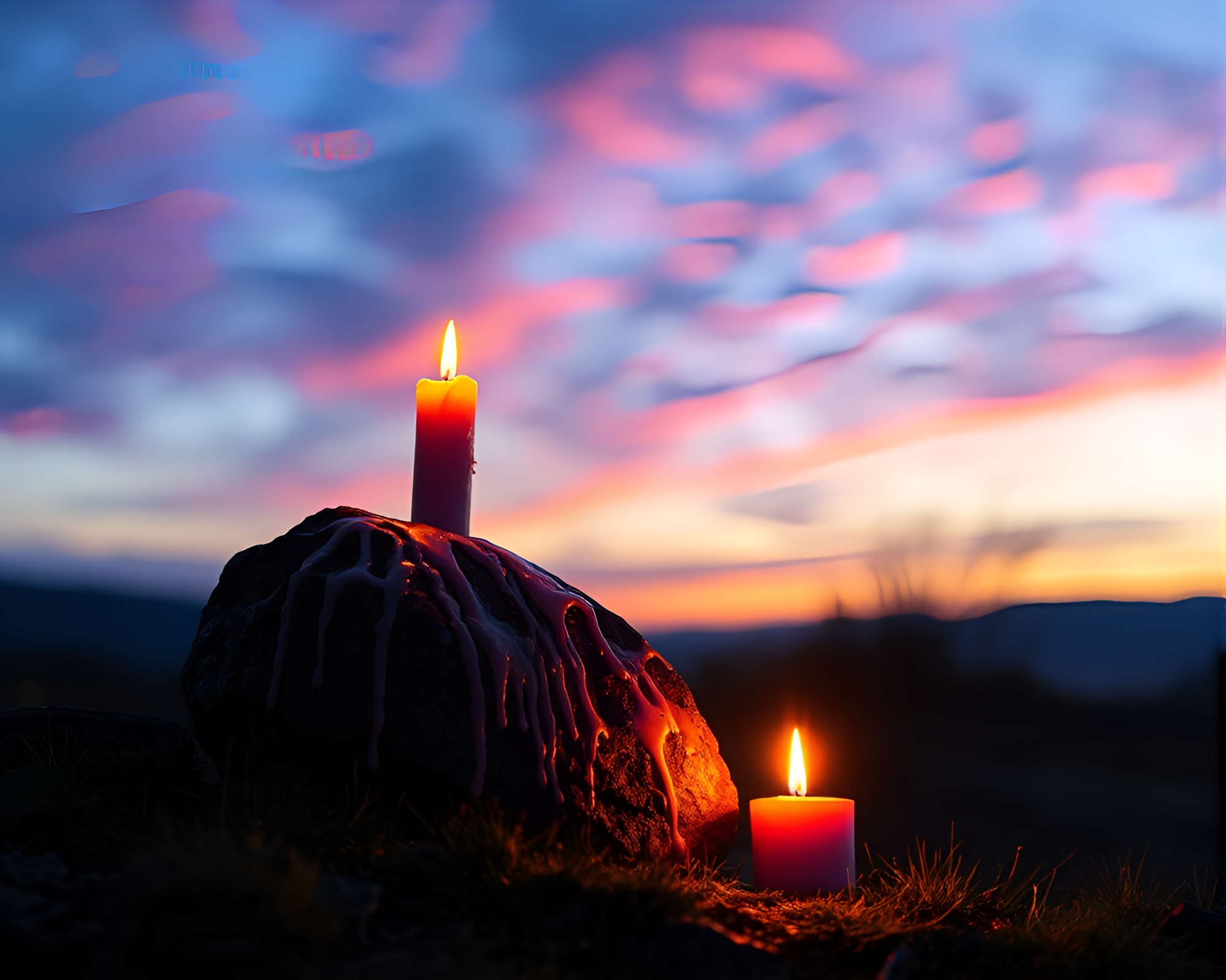 Enchanting Glowing Rune Stone in Candlelit Sunset Dye – free AI stock image