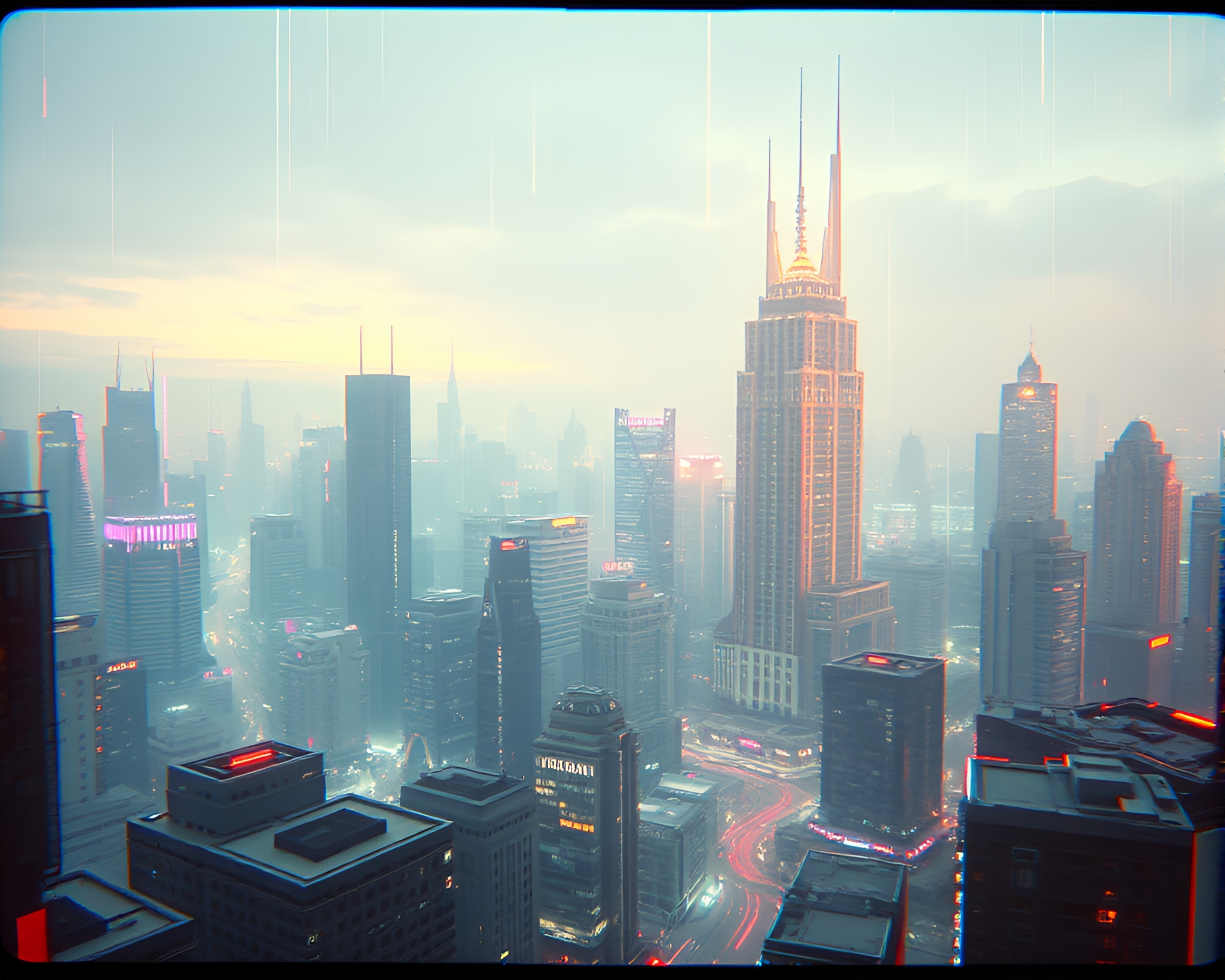 Futuristic Holographic Cityscape with Expired Film Aesthetic – free AI stock image
