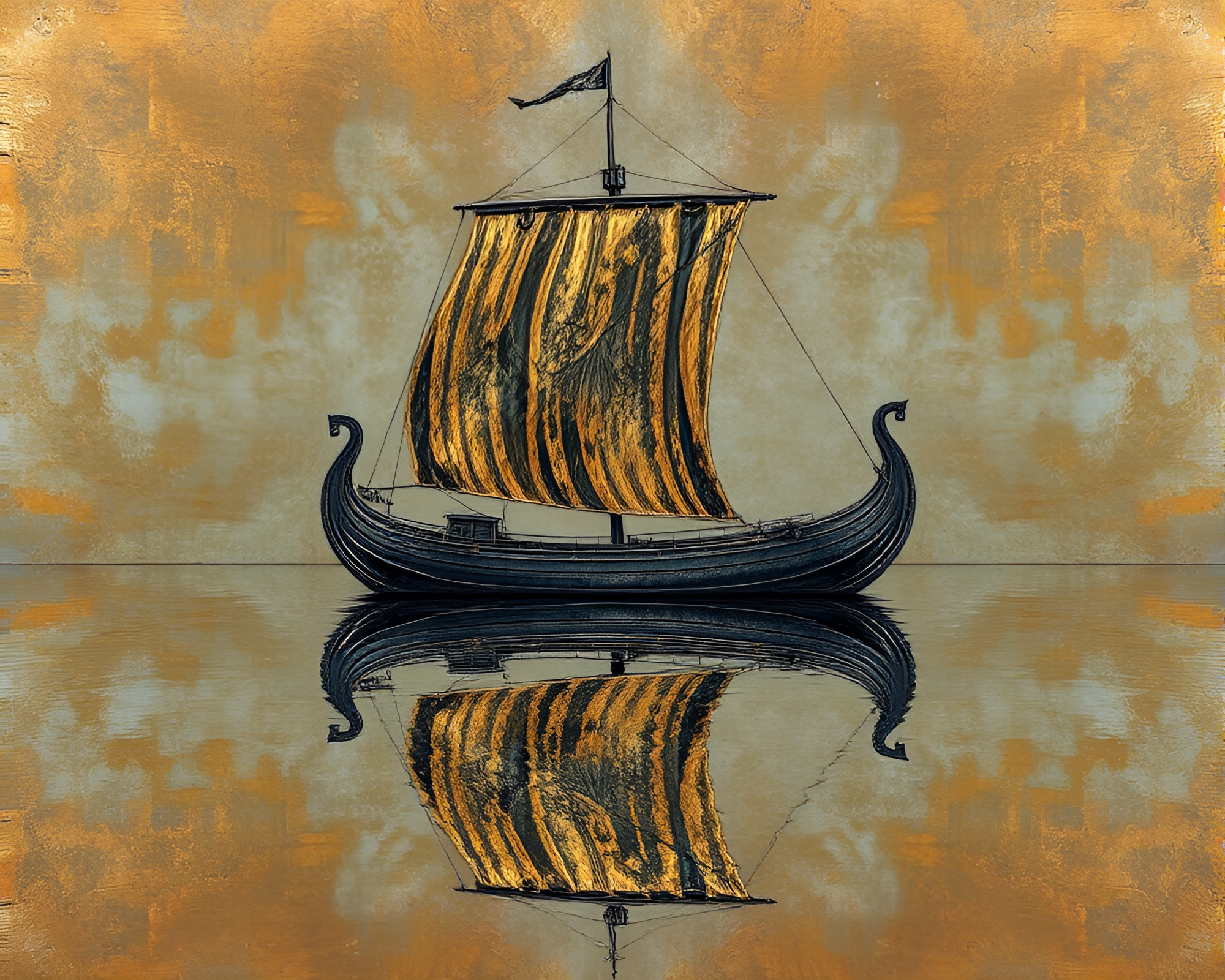 Viking Longship Reflected in Bronze Sheen – free AI stock image