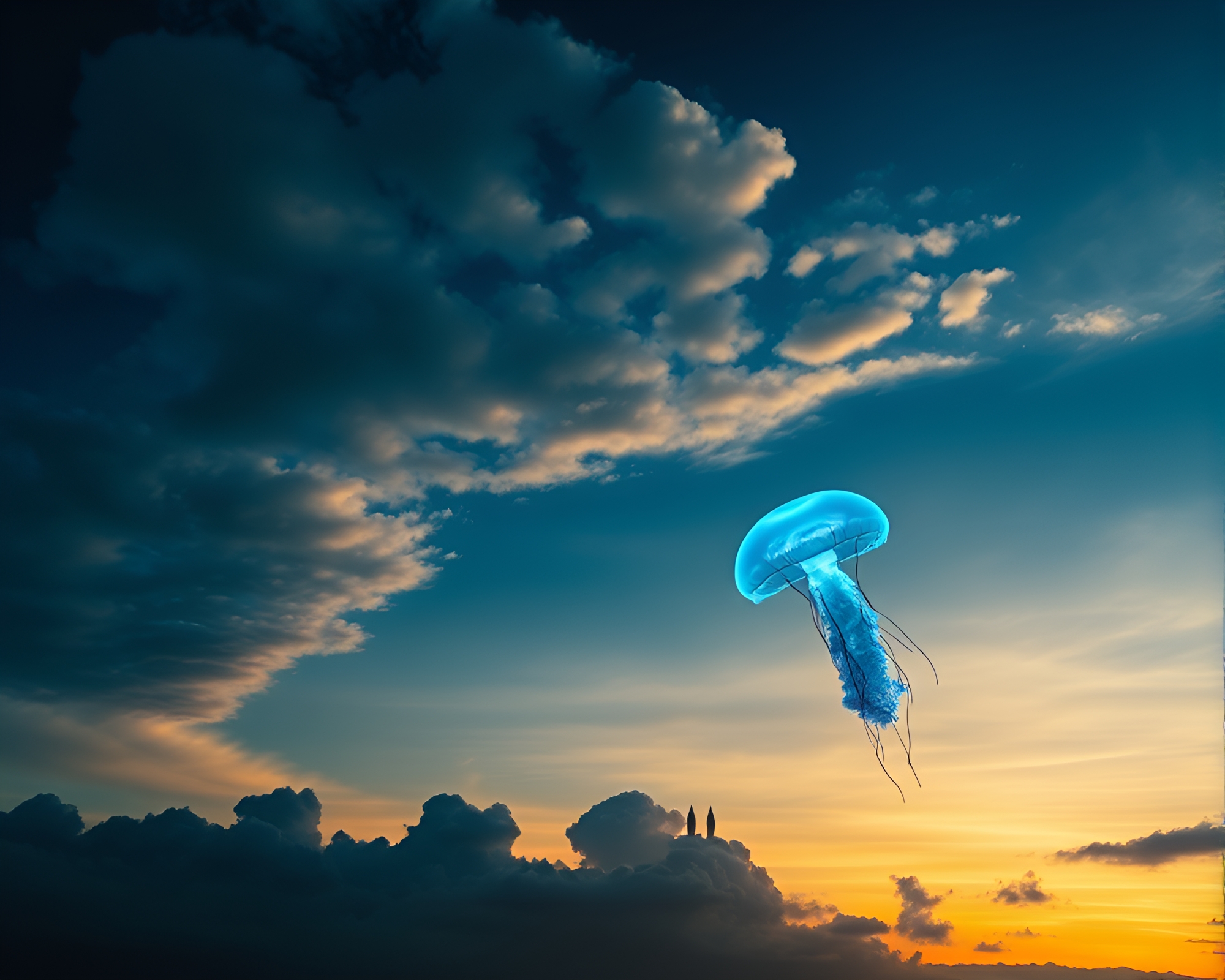 Bioluminescent Jellyfish Cloudscape at Golden Hour Dusk – free AI stock image