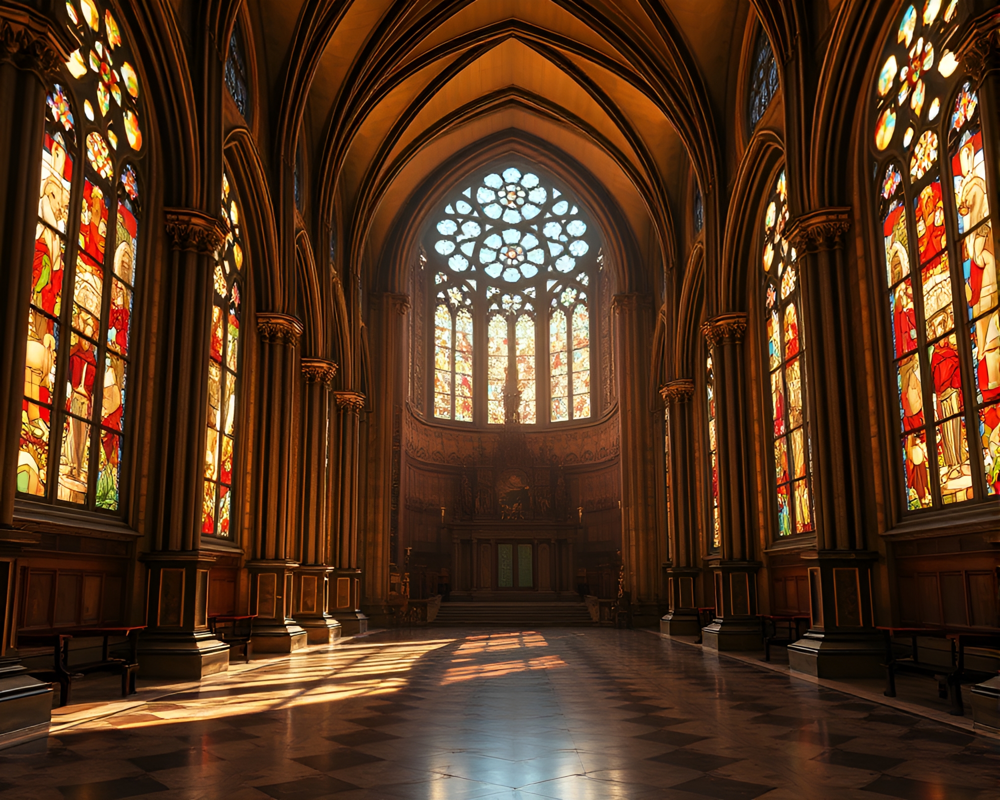Lamp-lit Cathedral Panorama with Stained Glass Illumination – free AI stock image