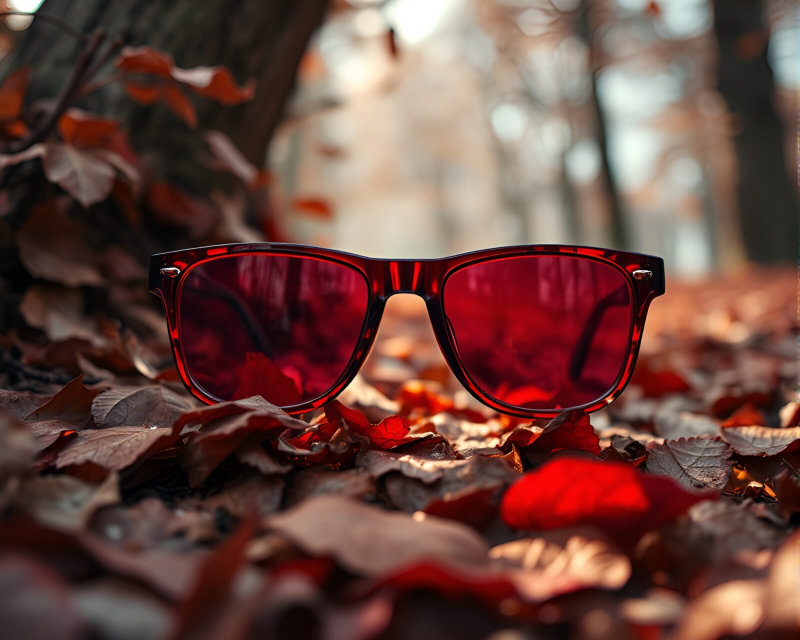 Vivid leaf litter with red hues through AR glasses