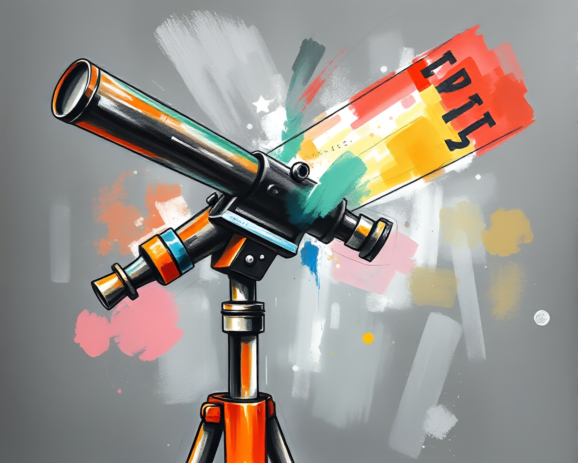 Telescope gazing through cubist watercolor skies – free AI stock image