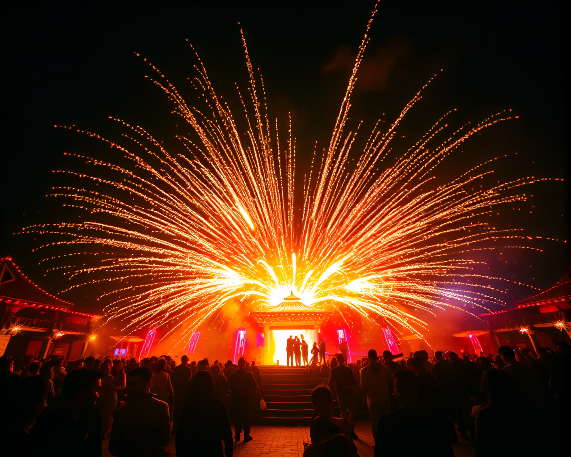 Explosive Pagoda Amid Club Strobe Lights – free AI stock image