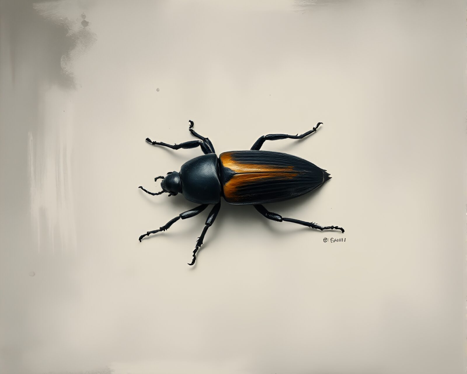 A fantastical beetle in muted pastel hues surrounded by charcoal strokes
