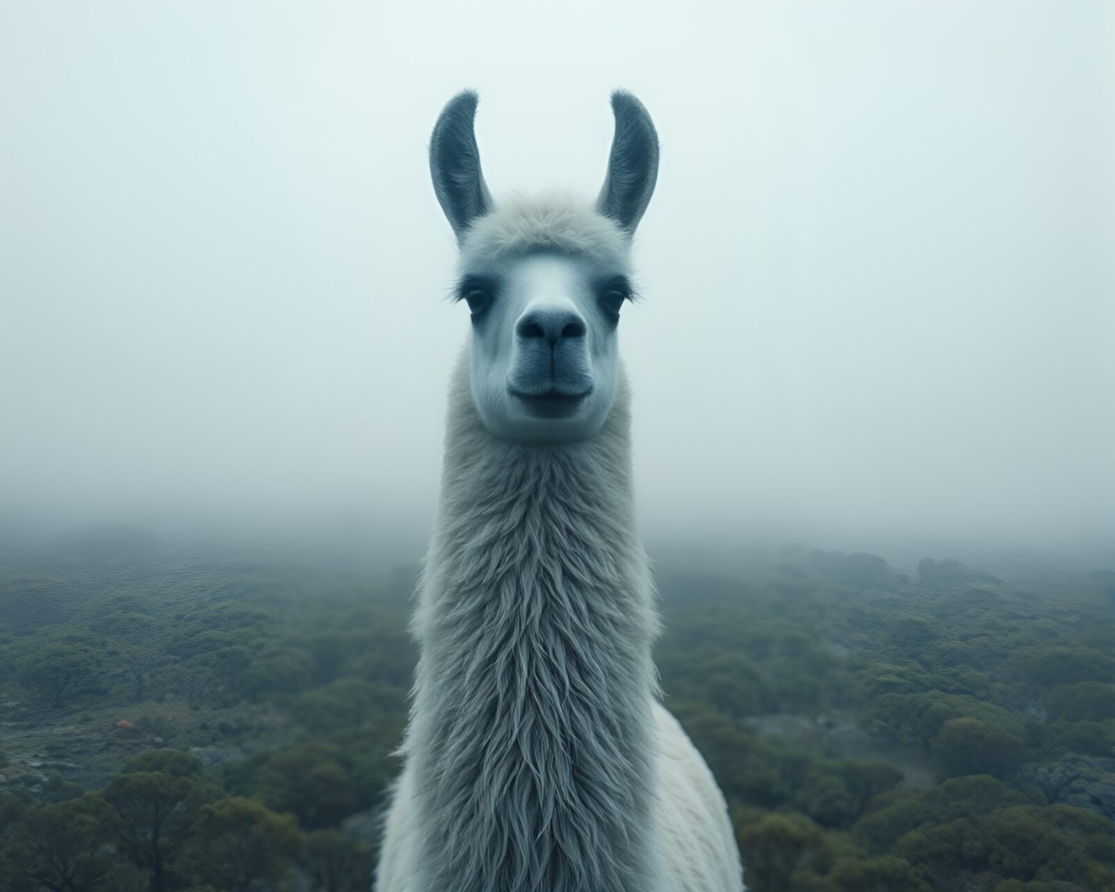 Off-center llama surrounded by mist in CGI style