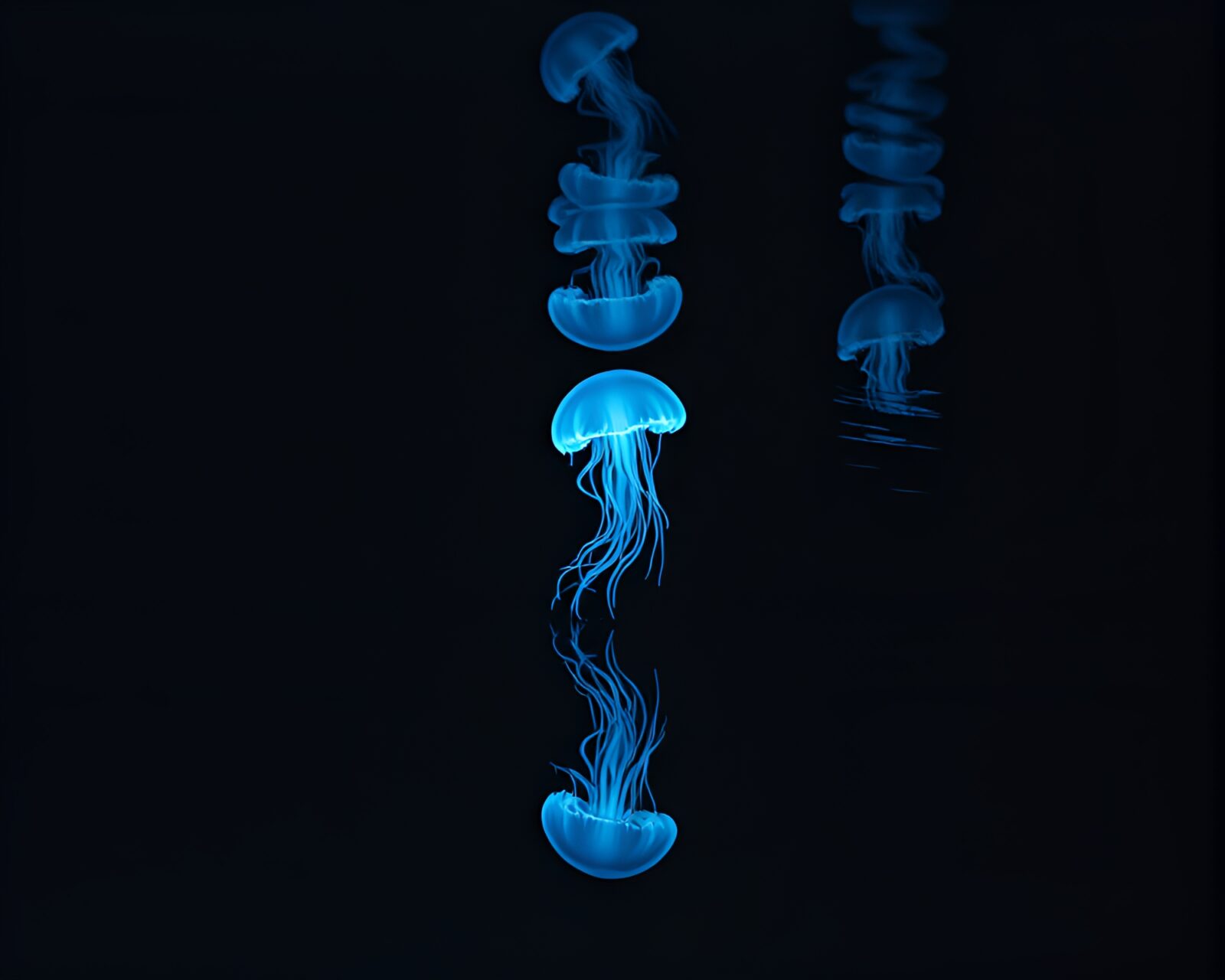 Glowing jellyfish reflected in puddle, lithograph style, VHS distortion