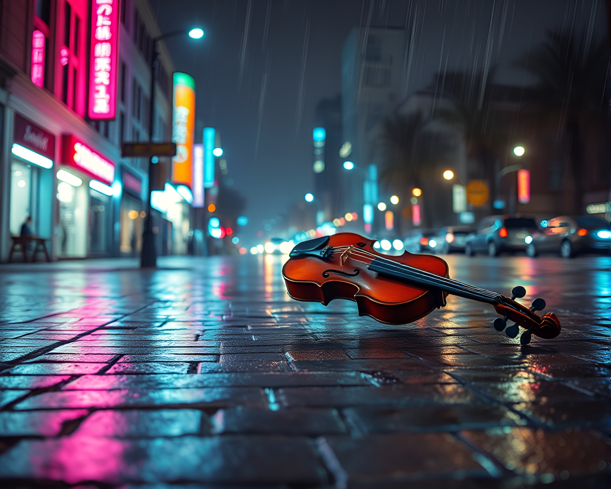 Neon Violinist on Rainy Street in Pastel Lights – free AI stock image