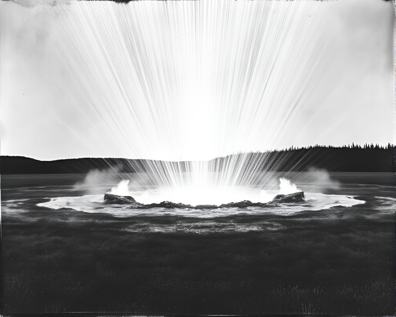 Intricate etched illustration of a geyser field at dawn