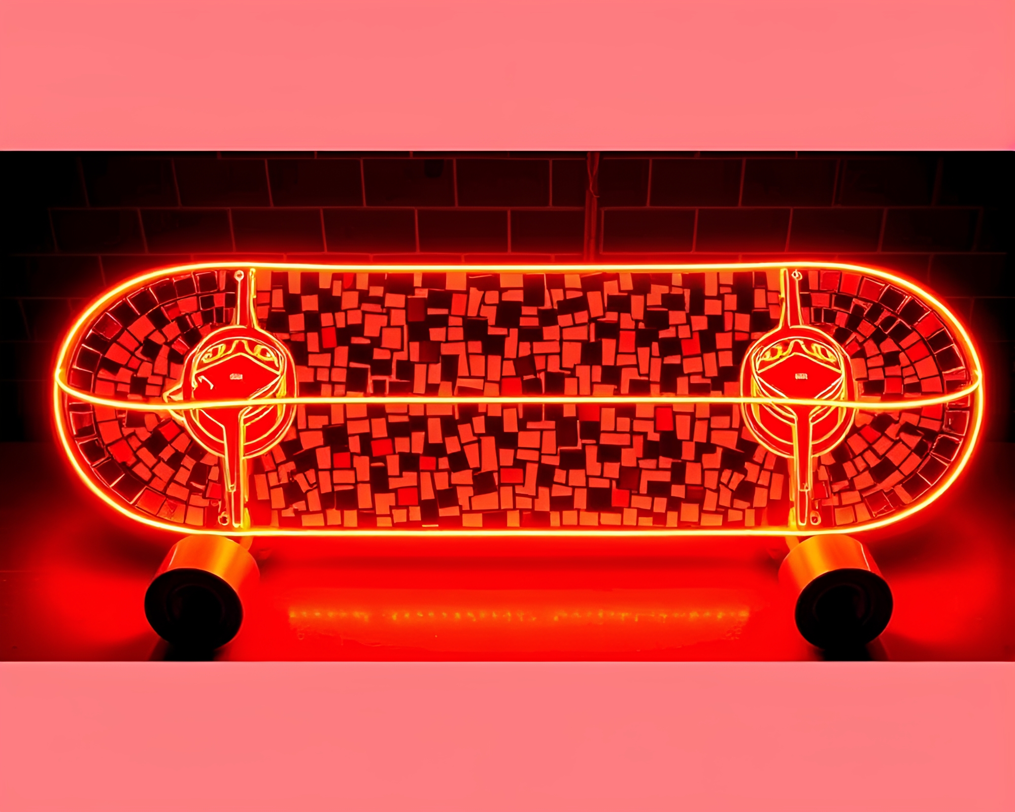 Neon Wireframe Skateboard Engraved in Mosaic Lighting – free AI stock image