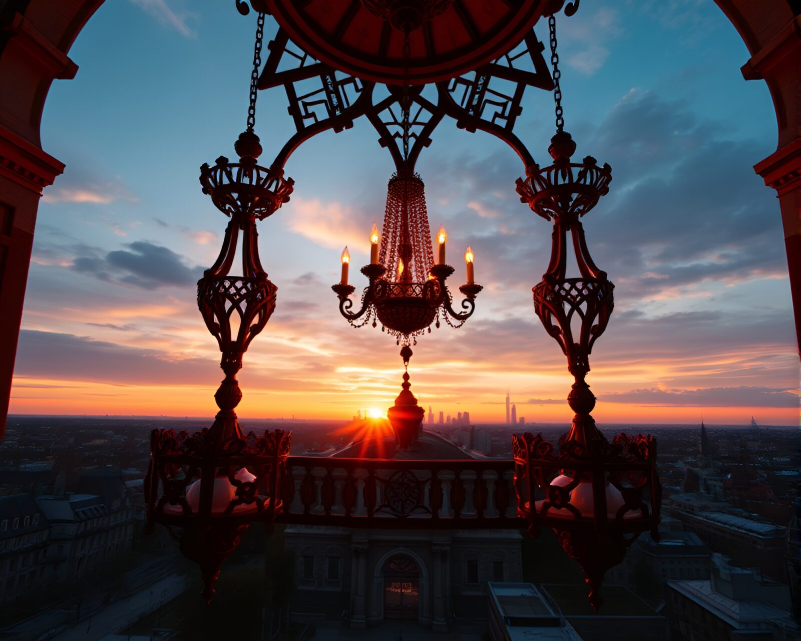 Intricate chandelier design backlit by colorful city dusk