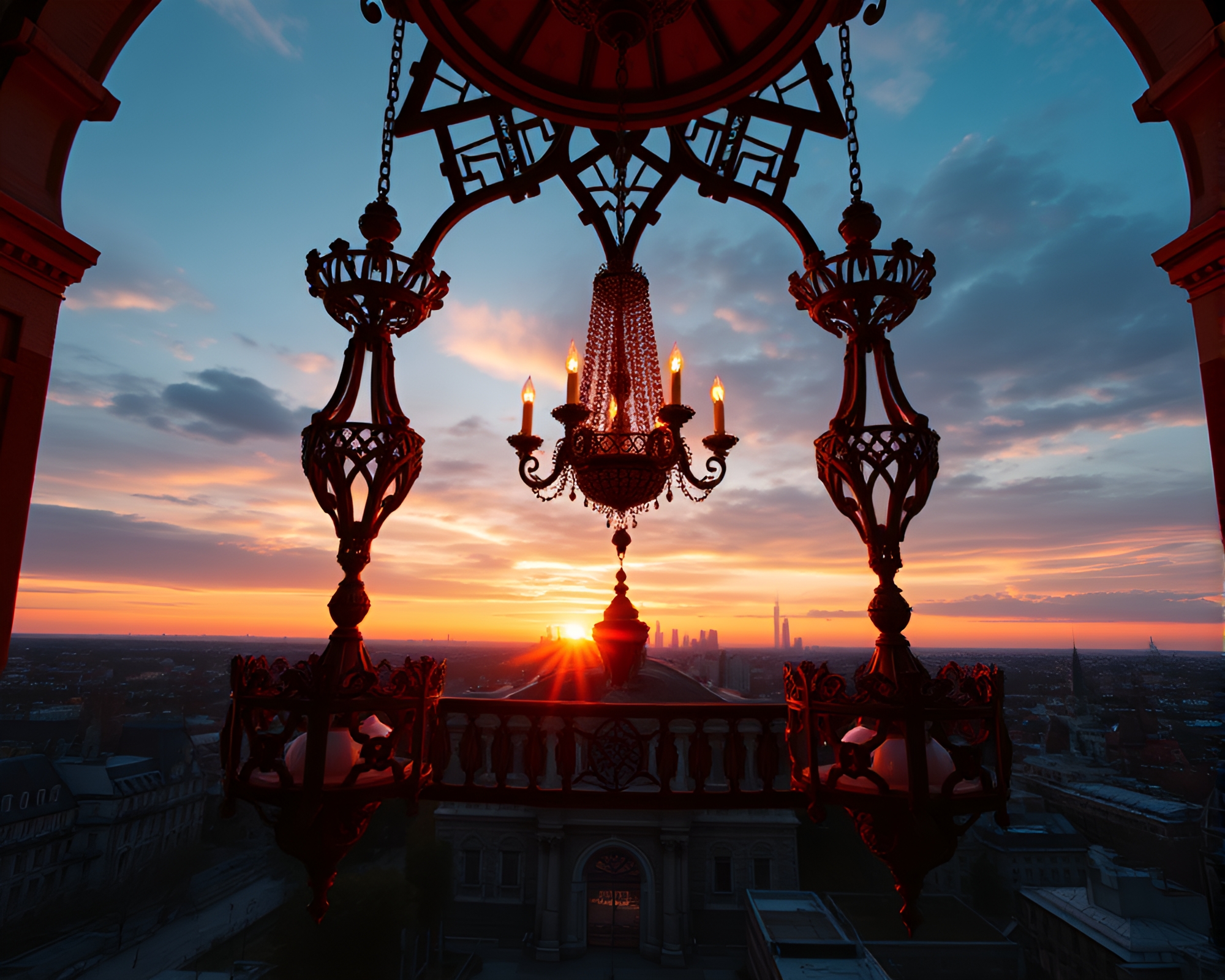 Gothic Chandelier Silhouetted Against Vibrant Sunset Skyline – free AI stock image