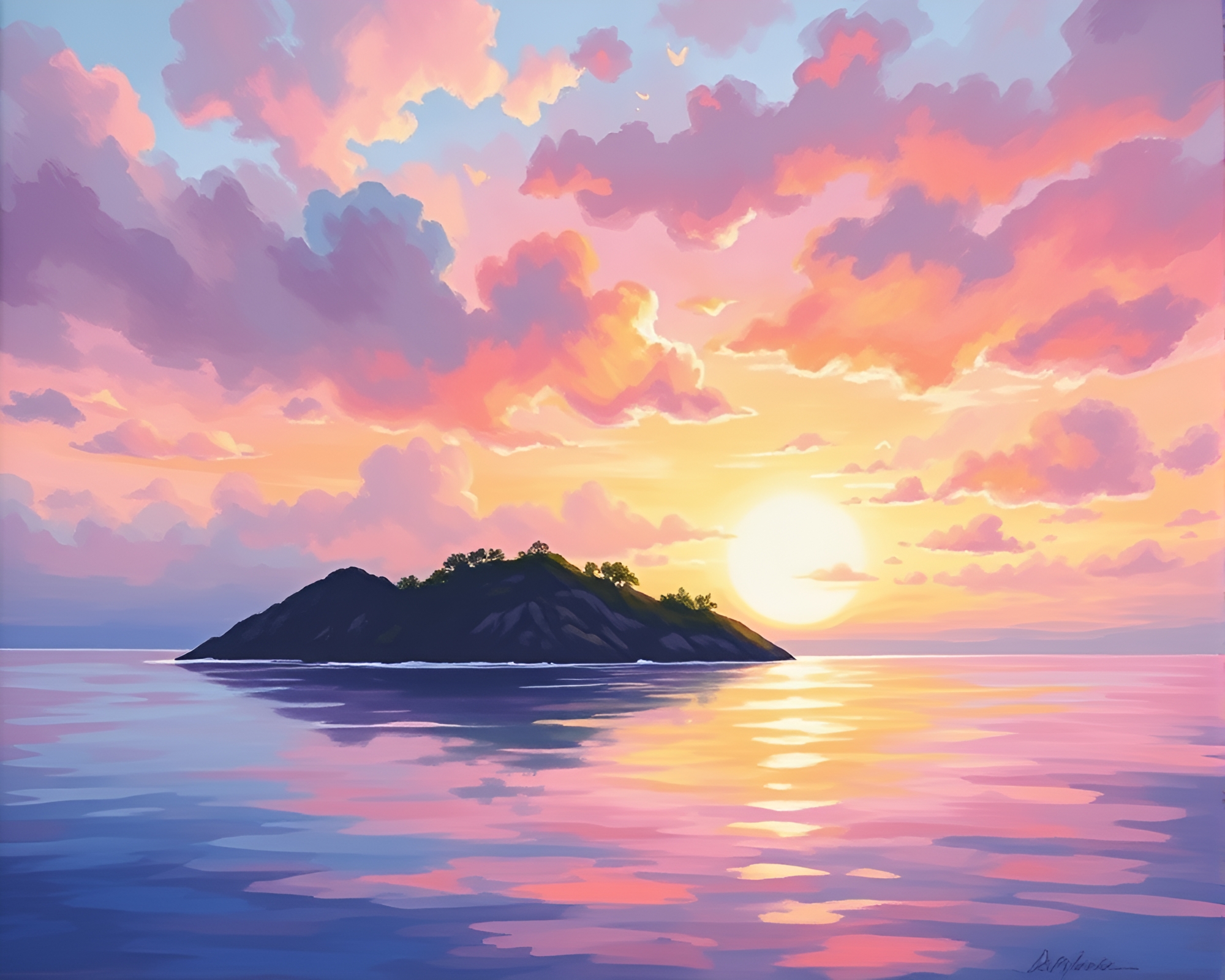 Impressionist Island Paradise with Peachy Glow Fabric Folds – free AI stock image