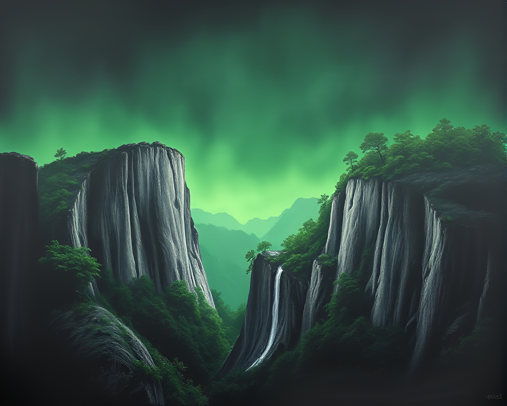 Prismatic Cliff in Rainforest Haze – free AI stock image