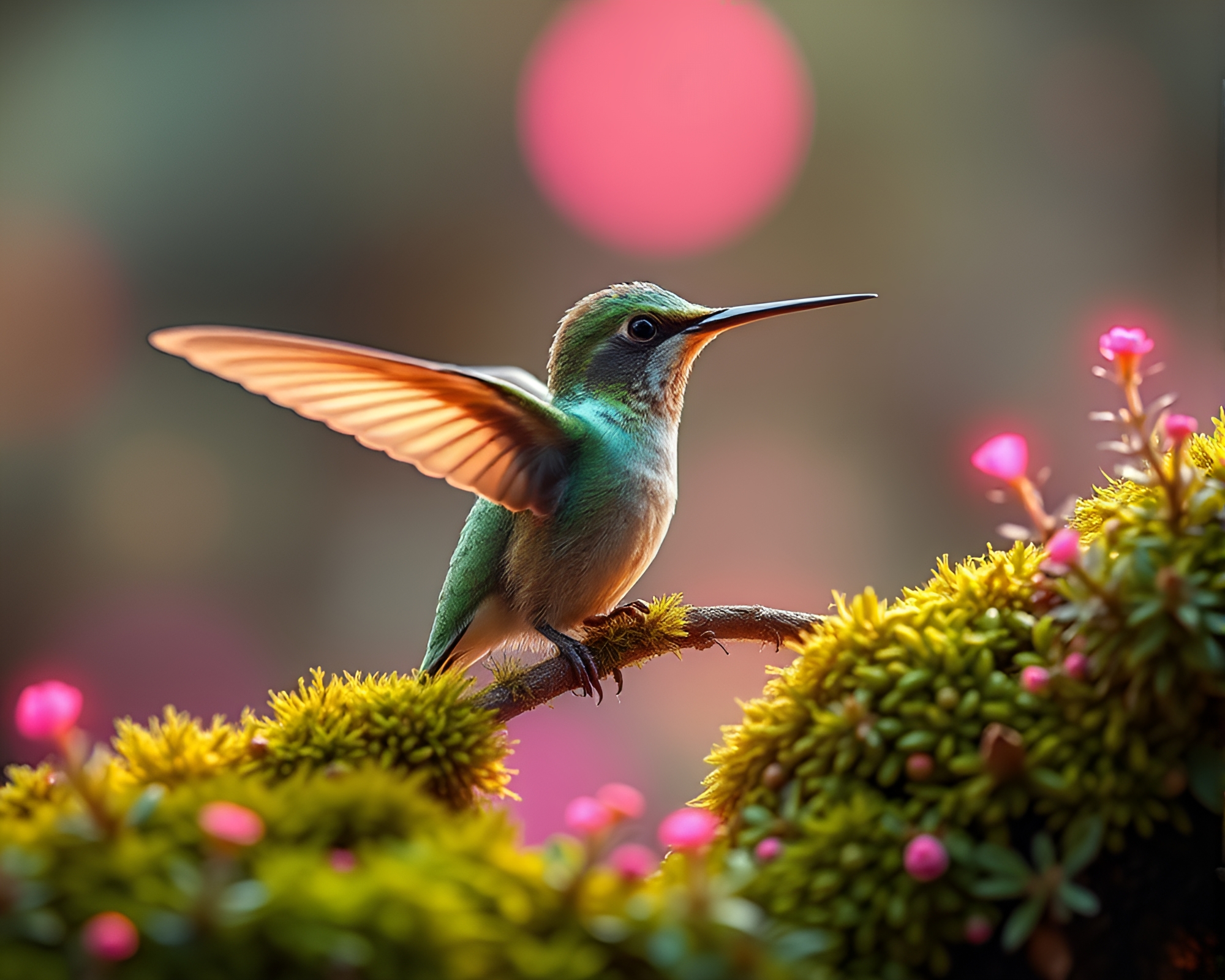 Enchanting Hummingbird Oasis Amidst Vibrant Mossy Landscape – free AI stock image