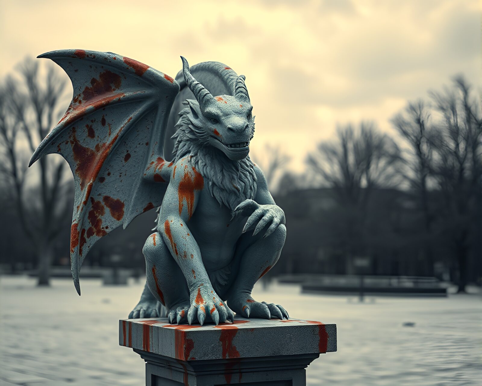 Rust-stained gargoyle statue under polar twilight selective color tones