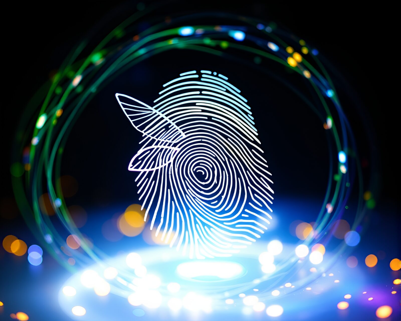 Glowing fairy silhouette with intricate fingerprint pattern backdrop