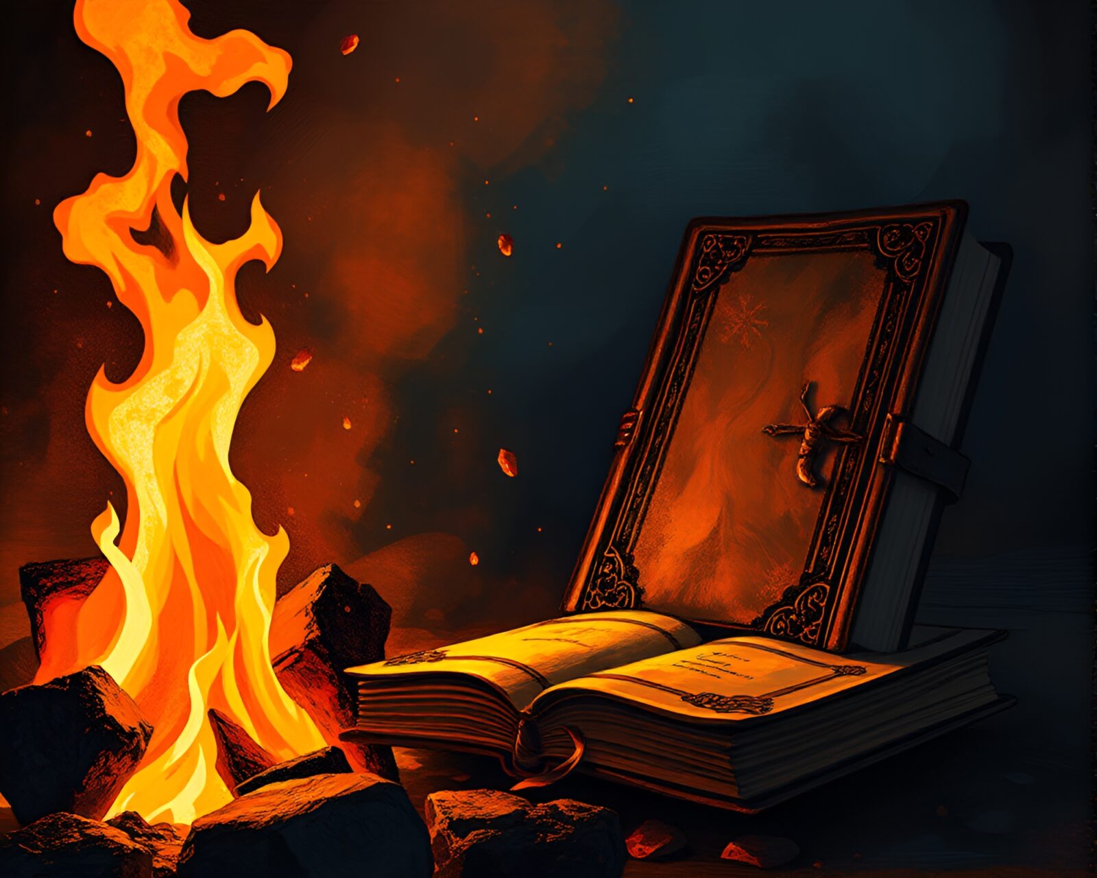Warm bonfire light illuminating floating embers above diary