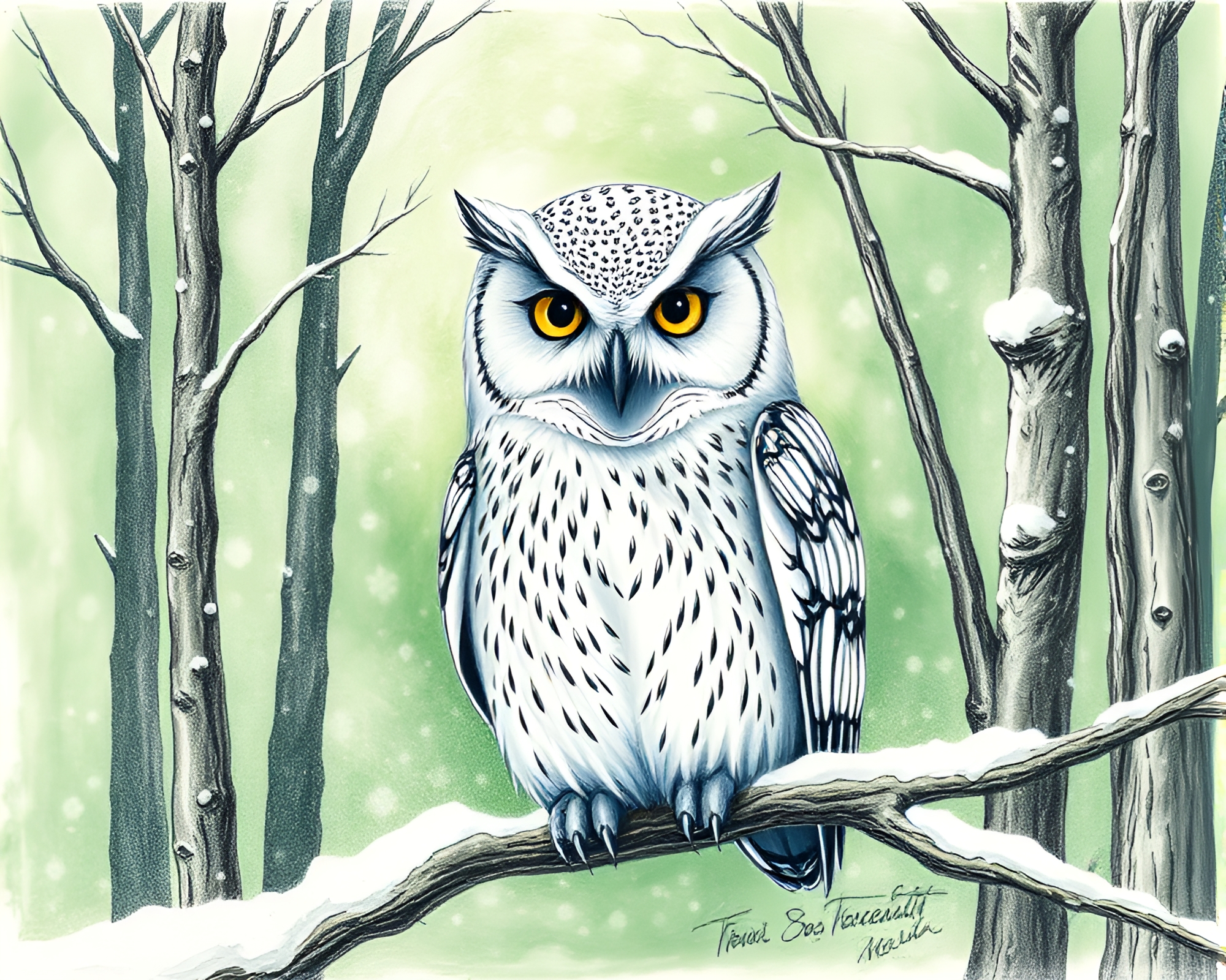 Snowy Owl in Enchanted Forest Conté Drawing – free AI stock image