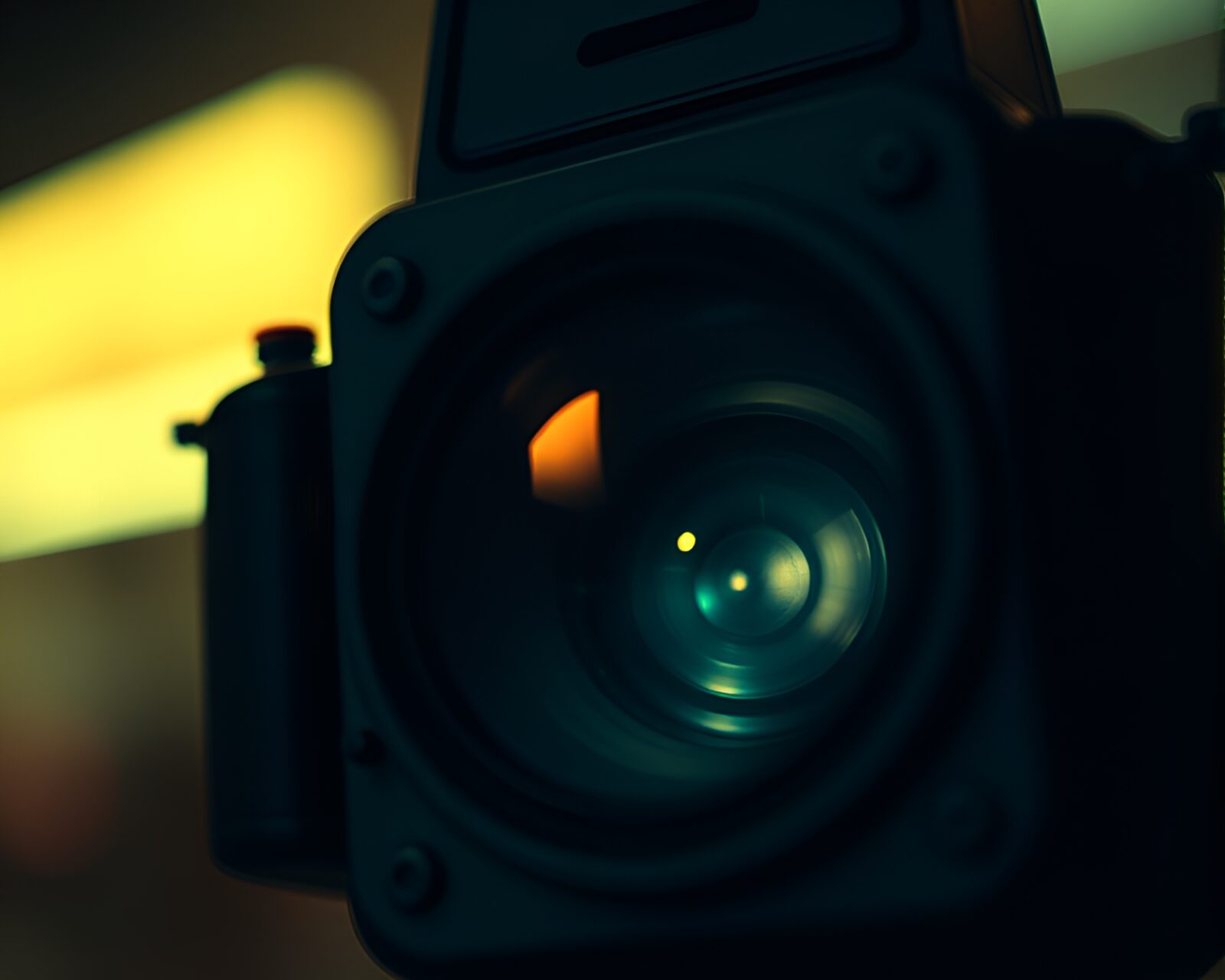 An intriguing film noir scene with a split focus lantern glowing in fractal patterns.