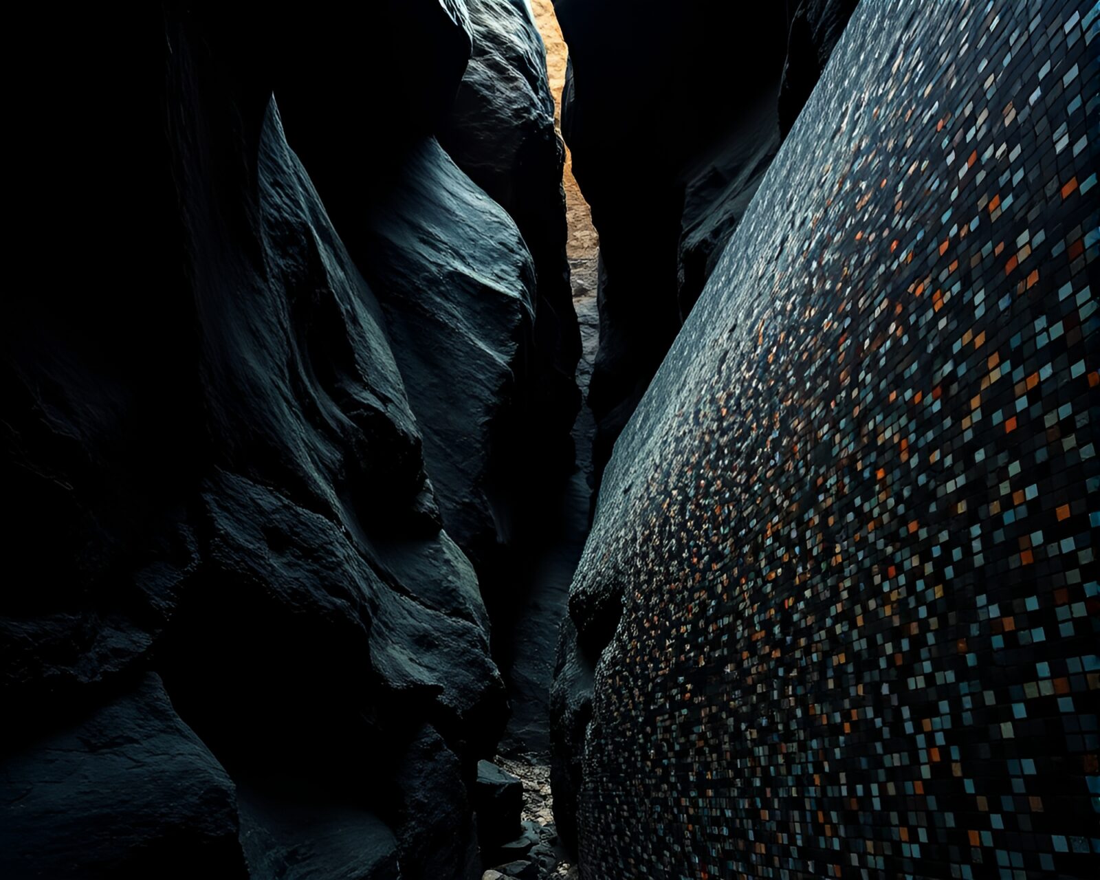 A colorful mosaic reflecting light in a dramatic canyon