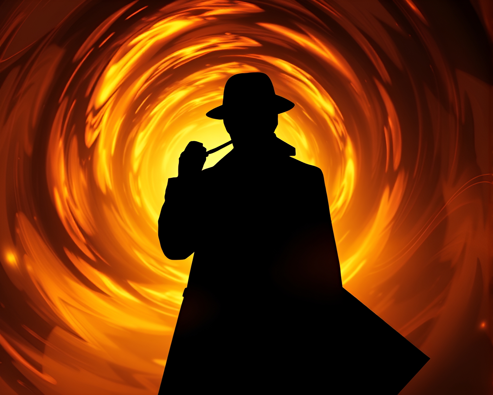 Silhouette of Sherlock Holmes in swirling duotone vortex – free AI stock image