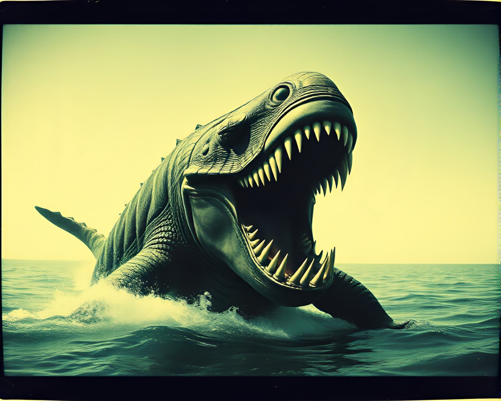 Vintage polaroid of a mystical Leviathan in vector halftone style