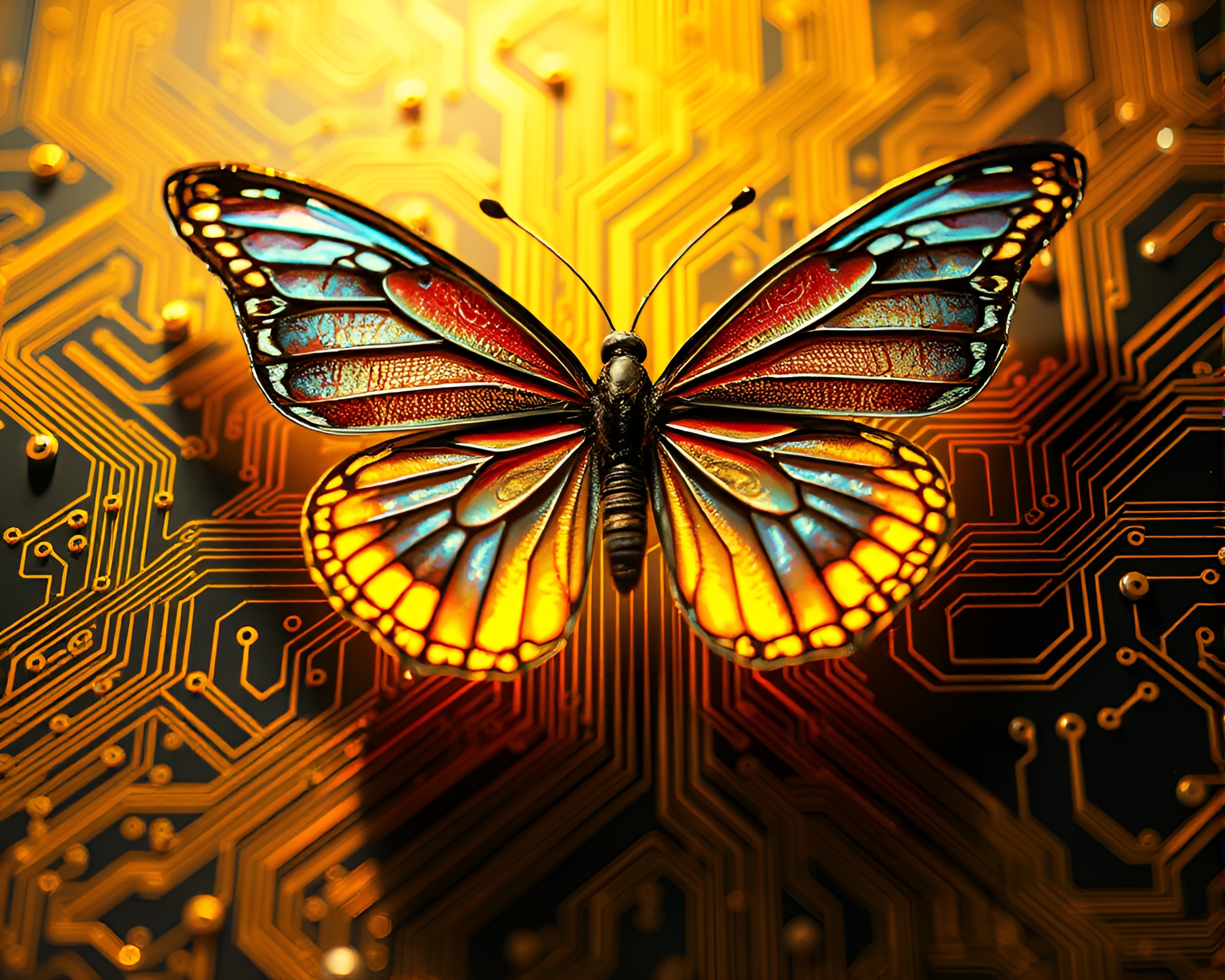 Silk Butterfly Morning Glow Over Circuit Board Traces – free AI stock image