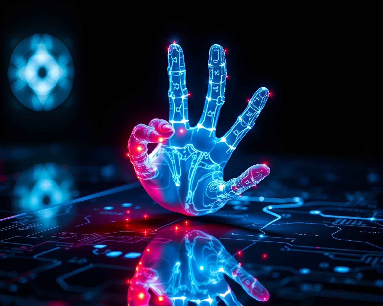 Futuristic cybernetic hand reflecting glowing sorcery aura on blueprint surface