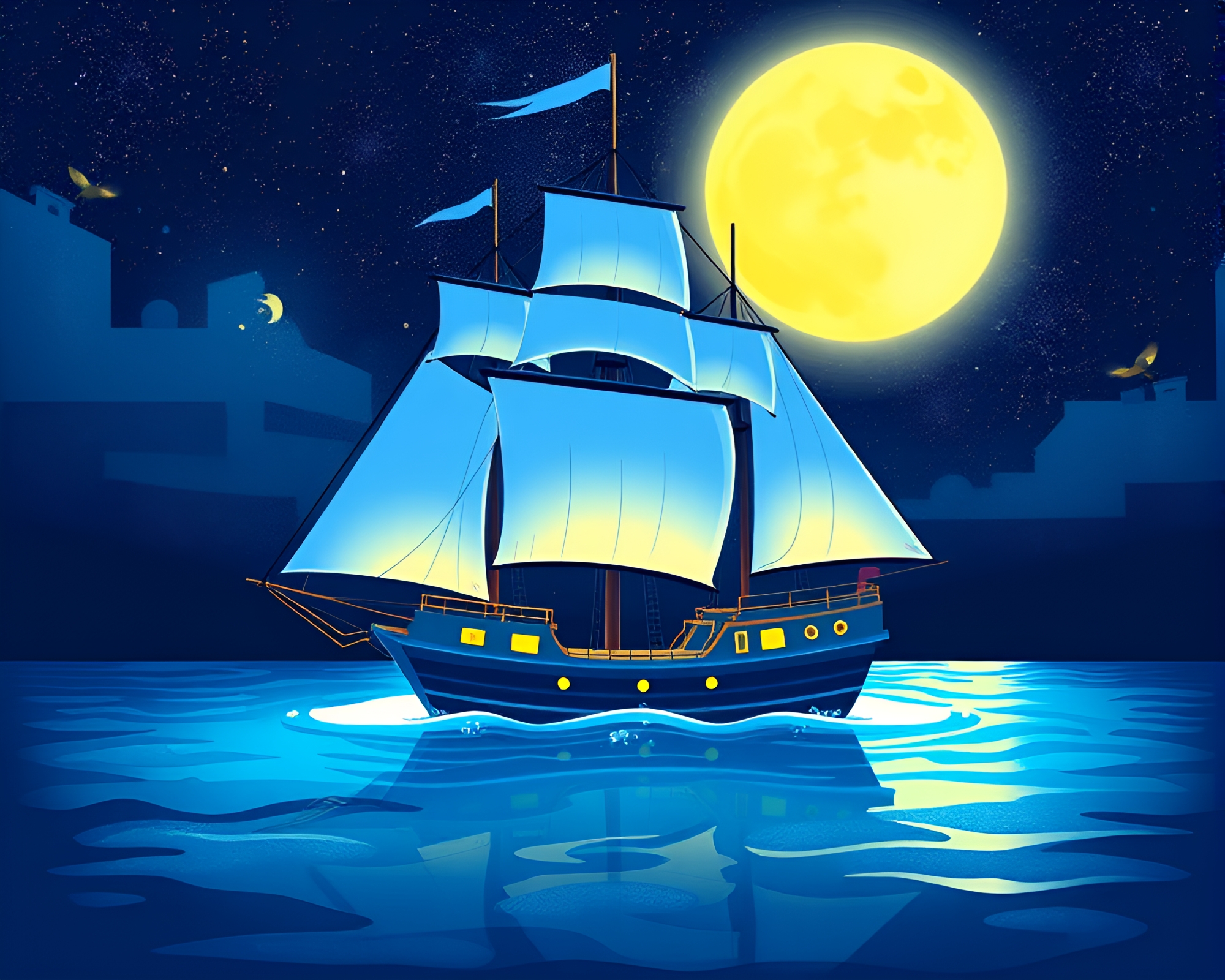 Prismatic Sailing Ship Illuminated by Glow-in-the-Dark Lights – free AI stock image