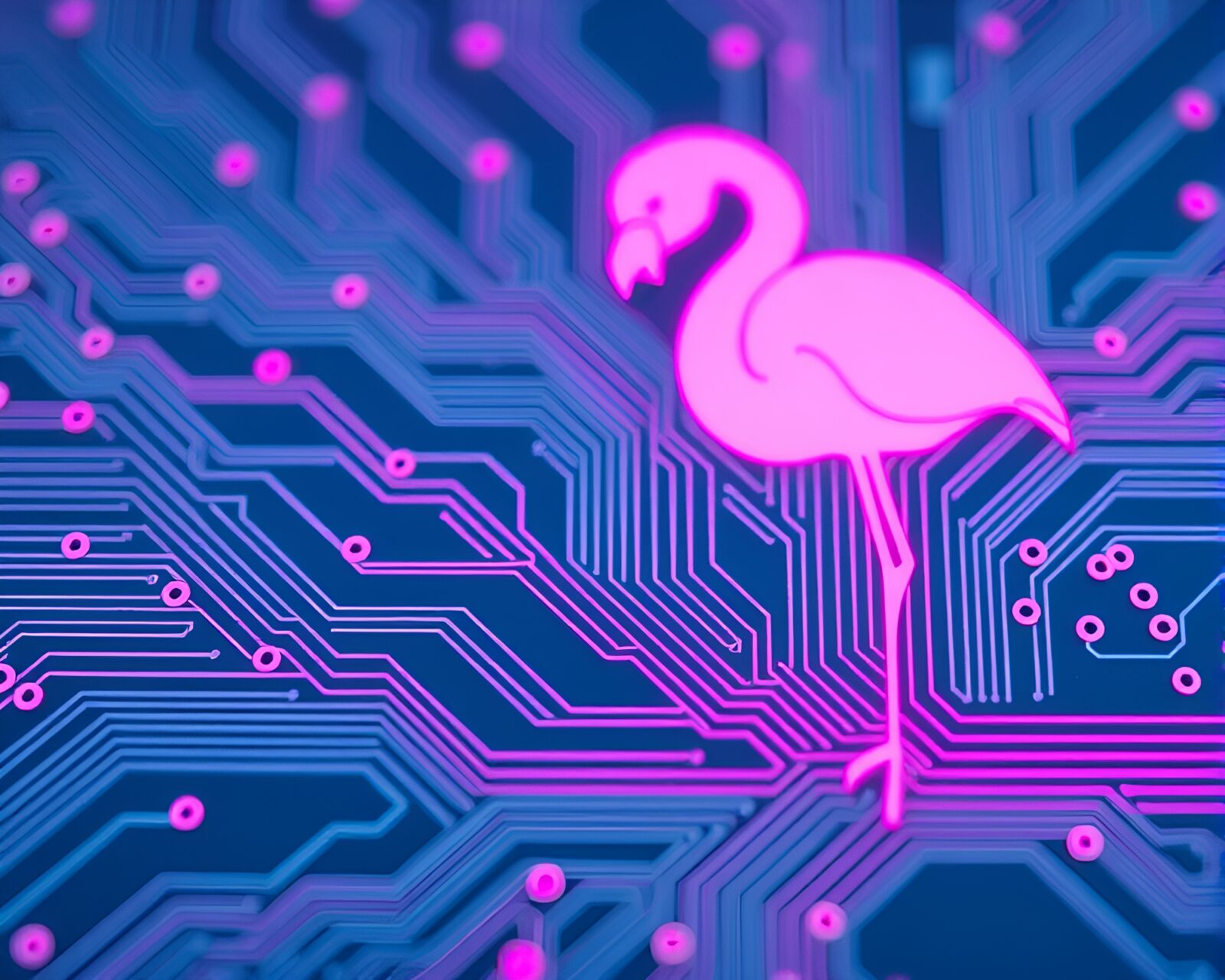 Minimalist design with flamingo motif on circuit board