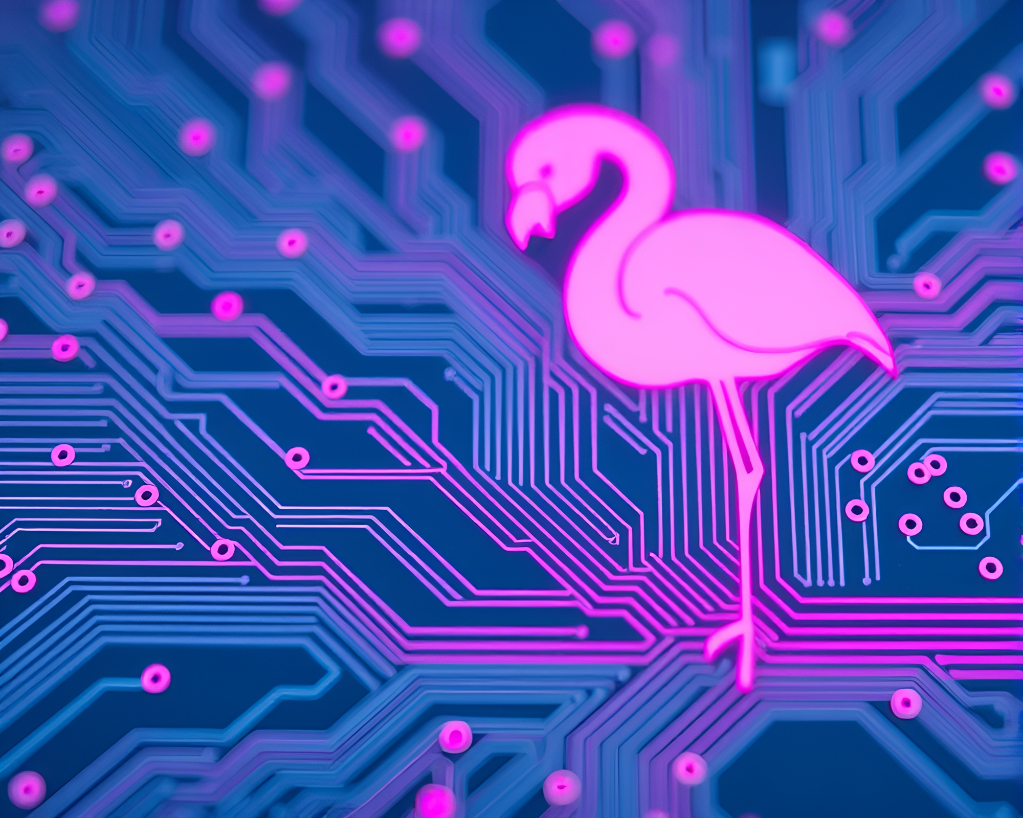 Ethereal Flamingo Among Ice-Blue Circuit Traces – free AI stock image