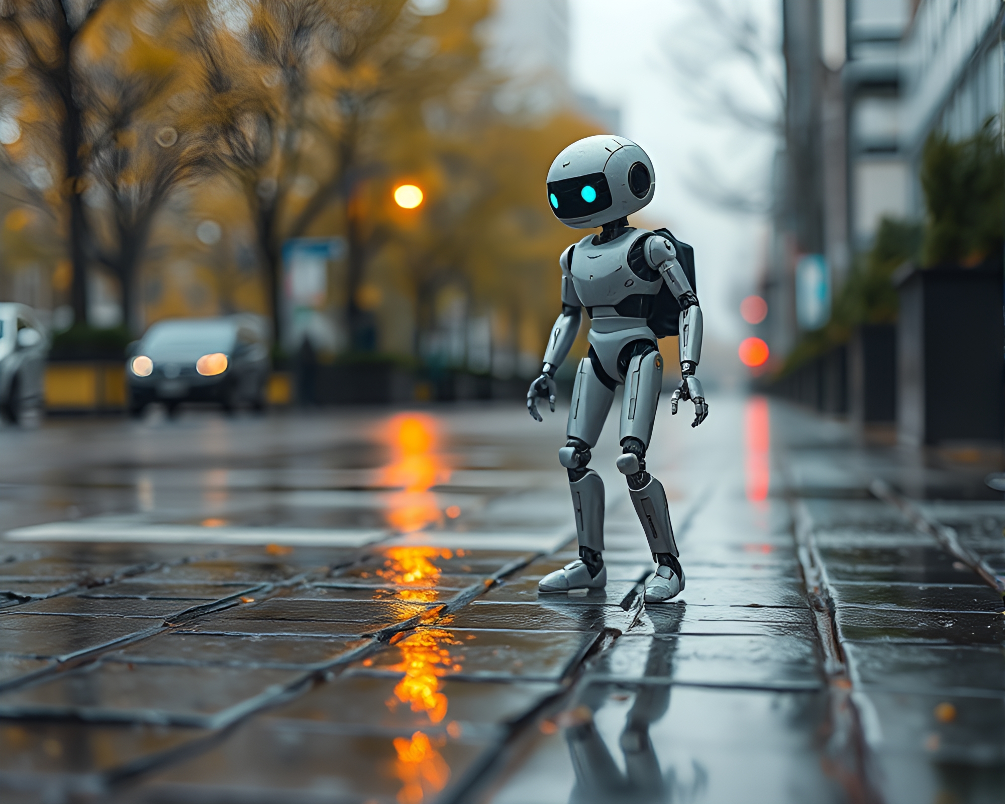 Robot Reflection on Wet Pavement in Crystal Clear Light – free AI stock image