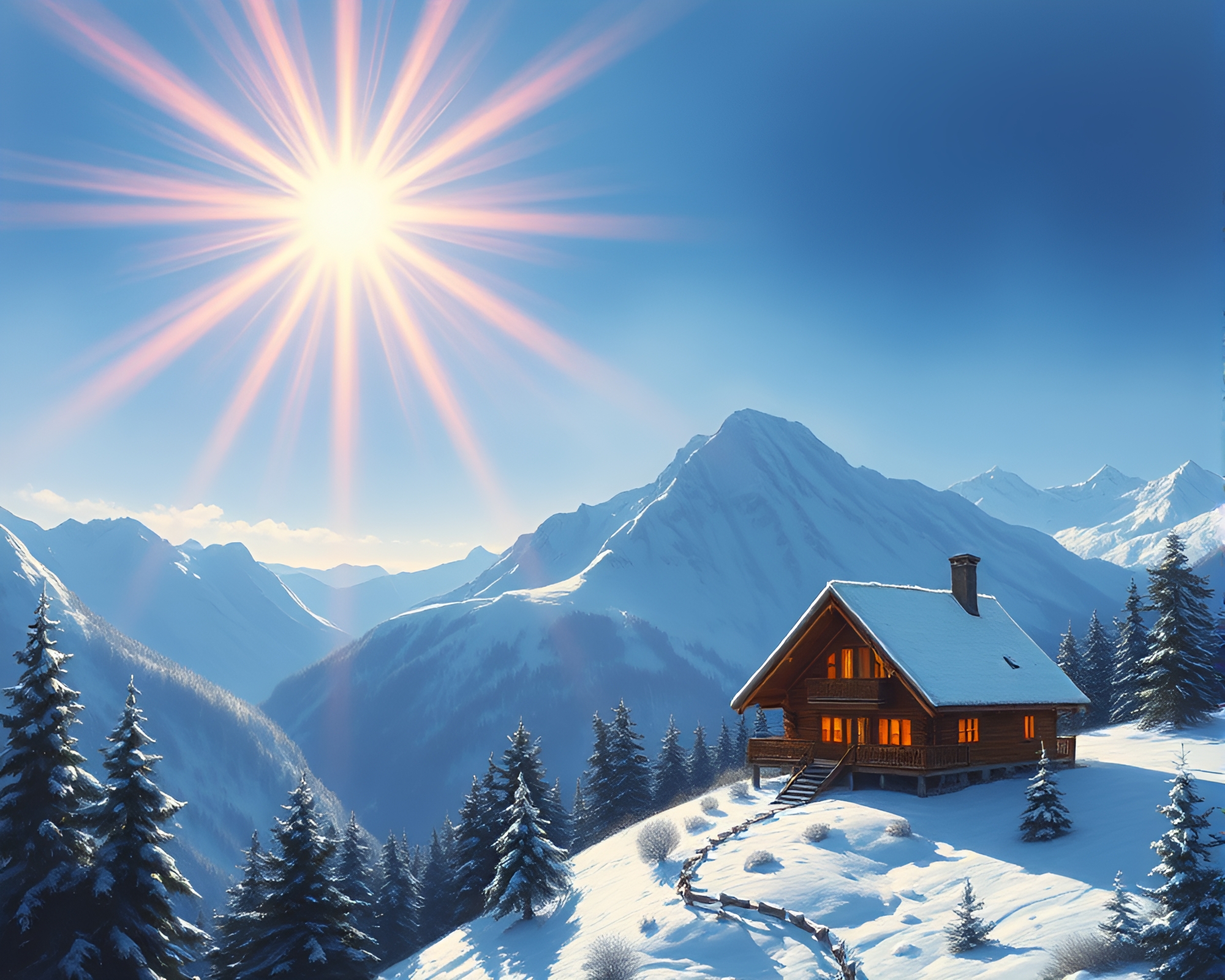 Alpine Chalet Backscatter Flare in Tempera Painting – free AI stock image