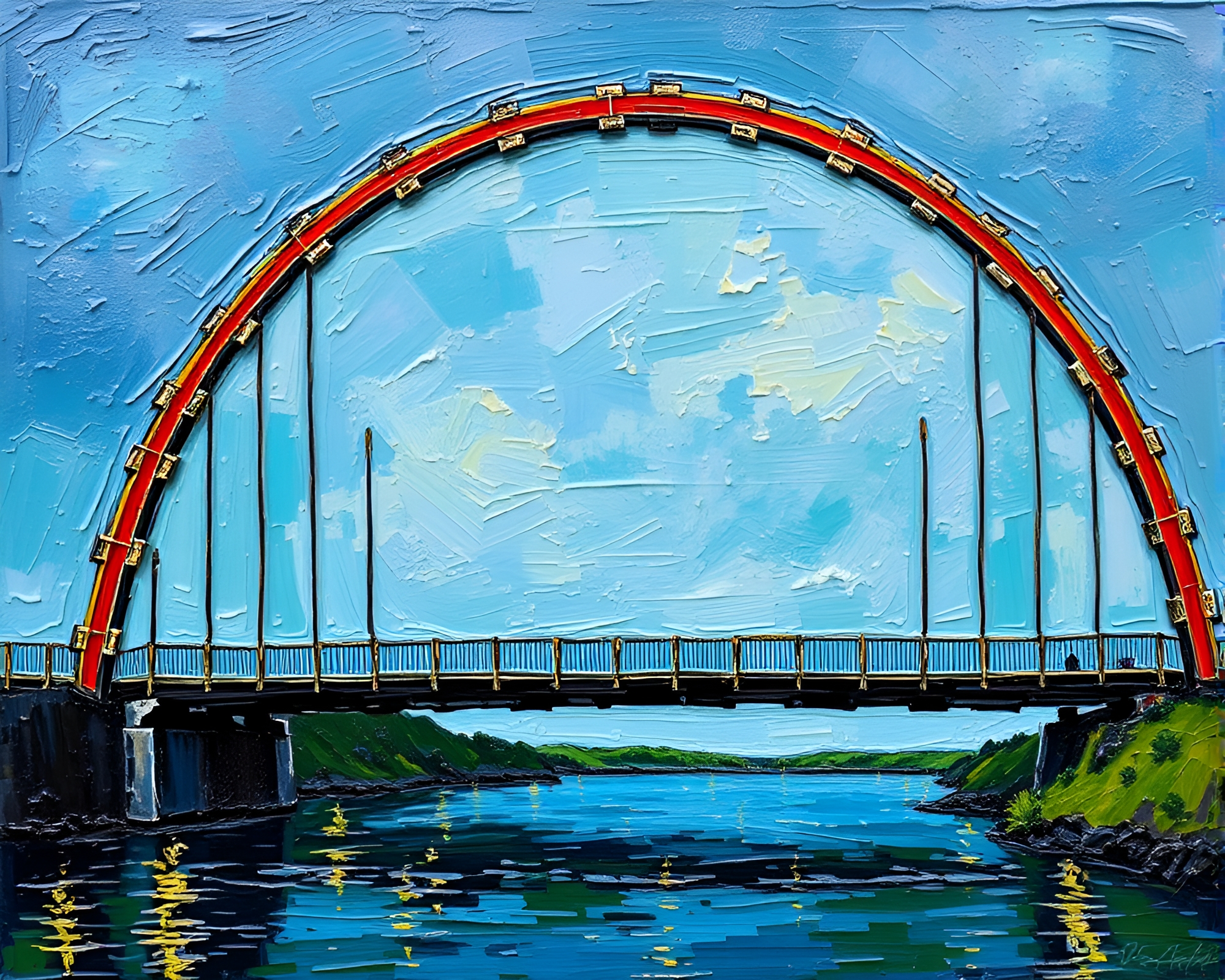 Glowing Impasto Suspension Bridge in Circular Frame – free AI stock image