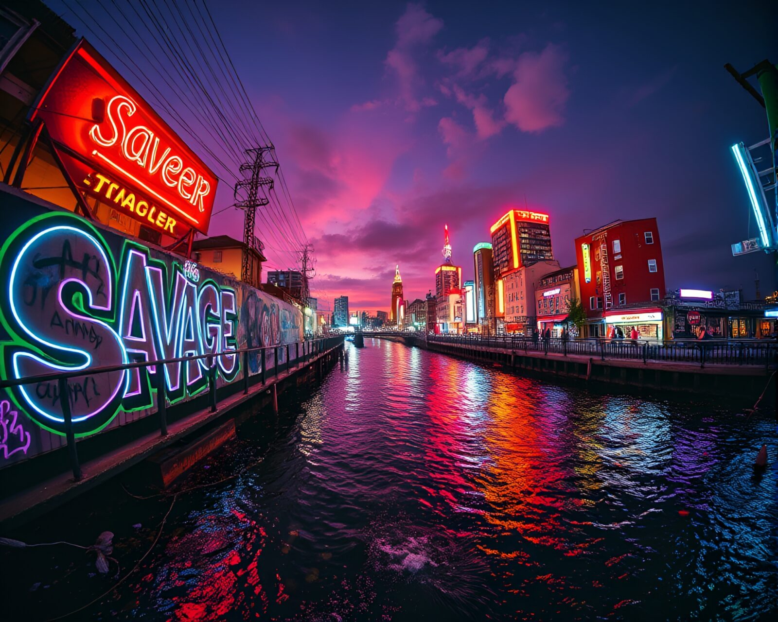 Wide-angle view of neon graffiti on a savage river
