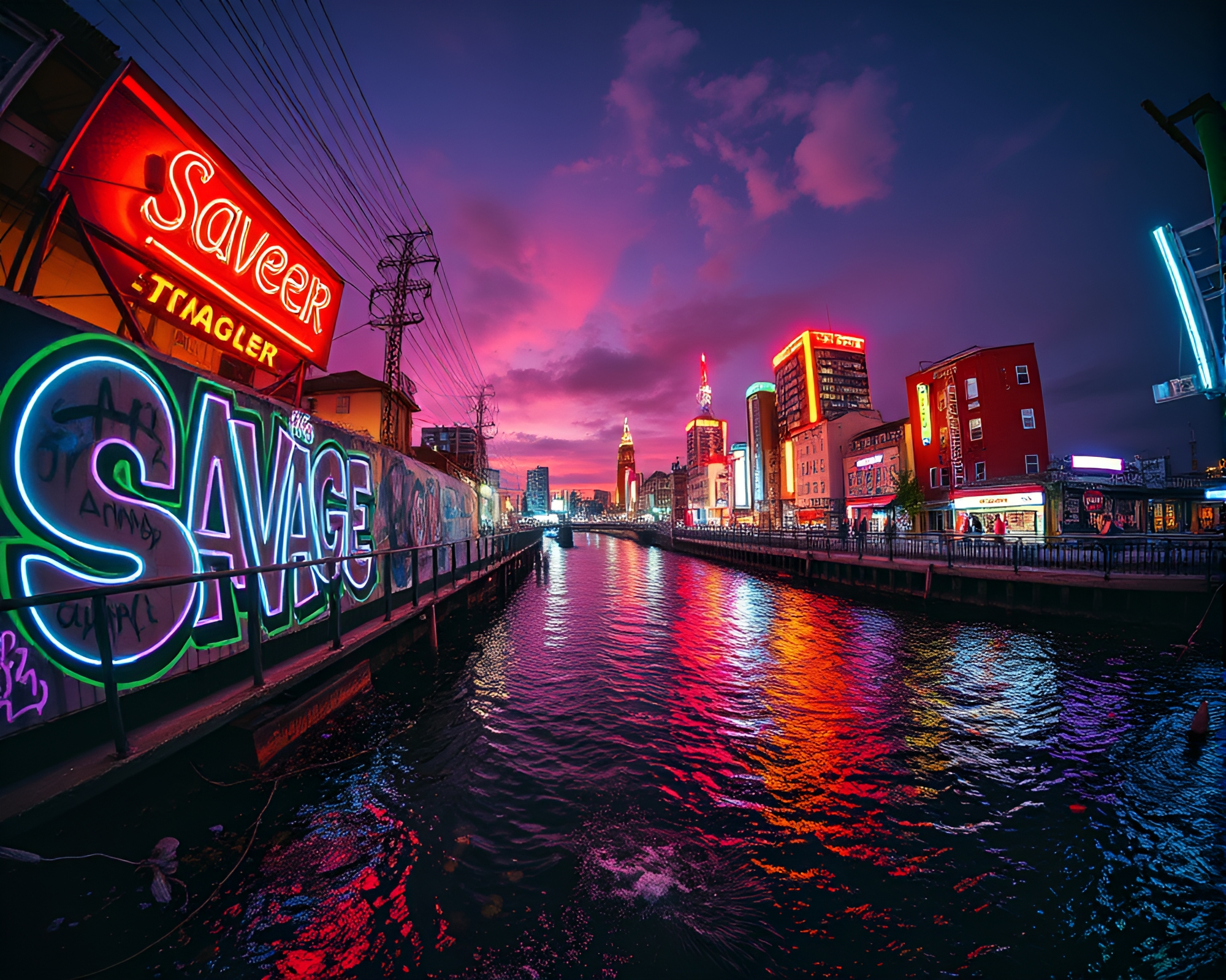 Savage River Neon Graffiti Photocollage Landscape – free AI stock image