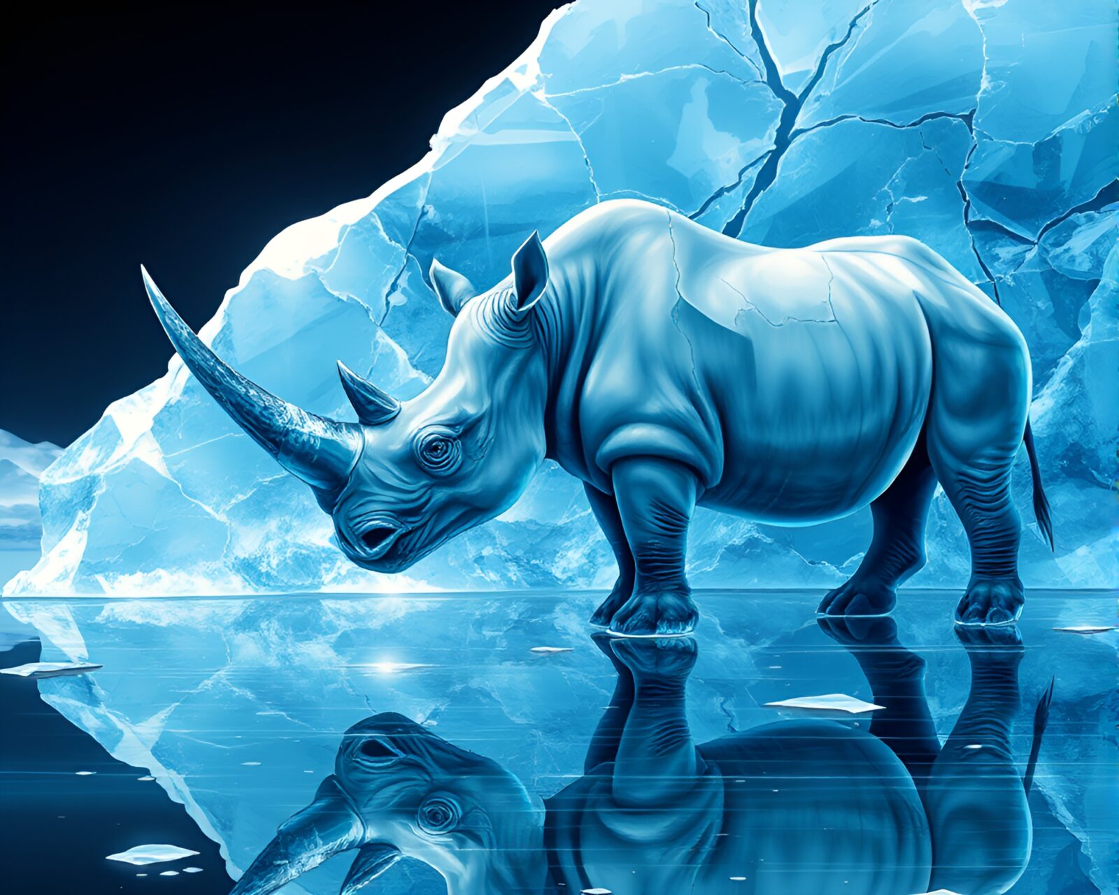 Fashion illustration of a rhinoceros reflecting on ice cracks