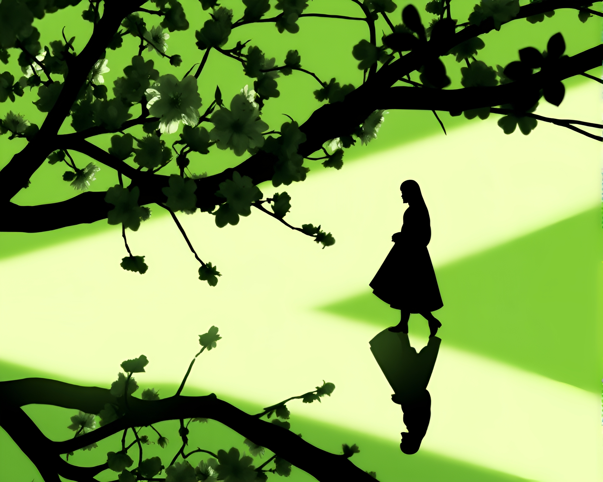 Spring Blossom Silhouette Reflection in Monochrome Green – free AI stock image