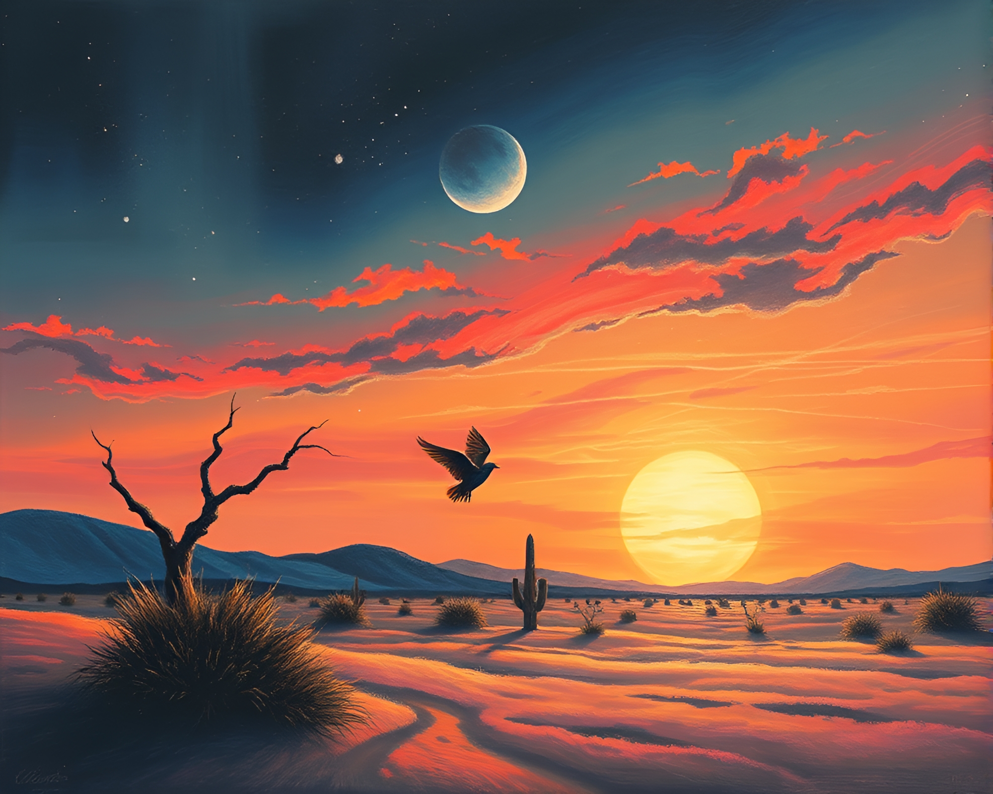 Quantum Fluctuations in Desert Sunset Chalk Drawing – free AI stock image