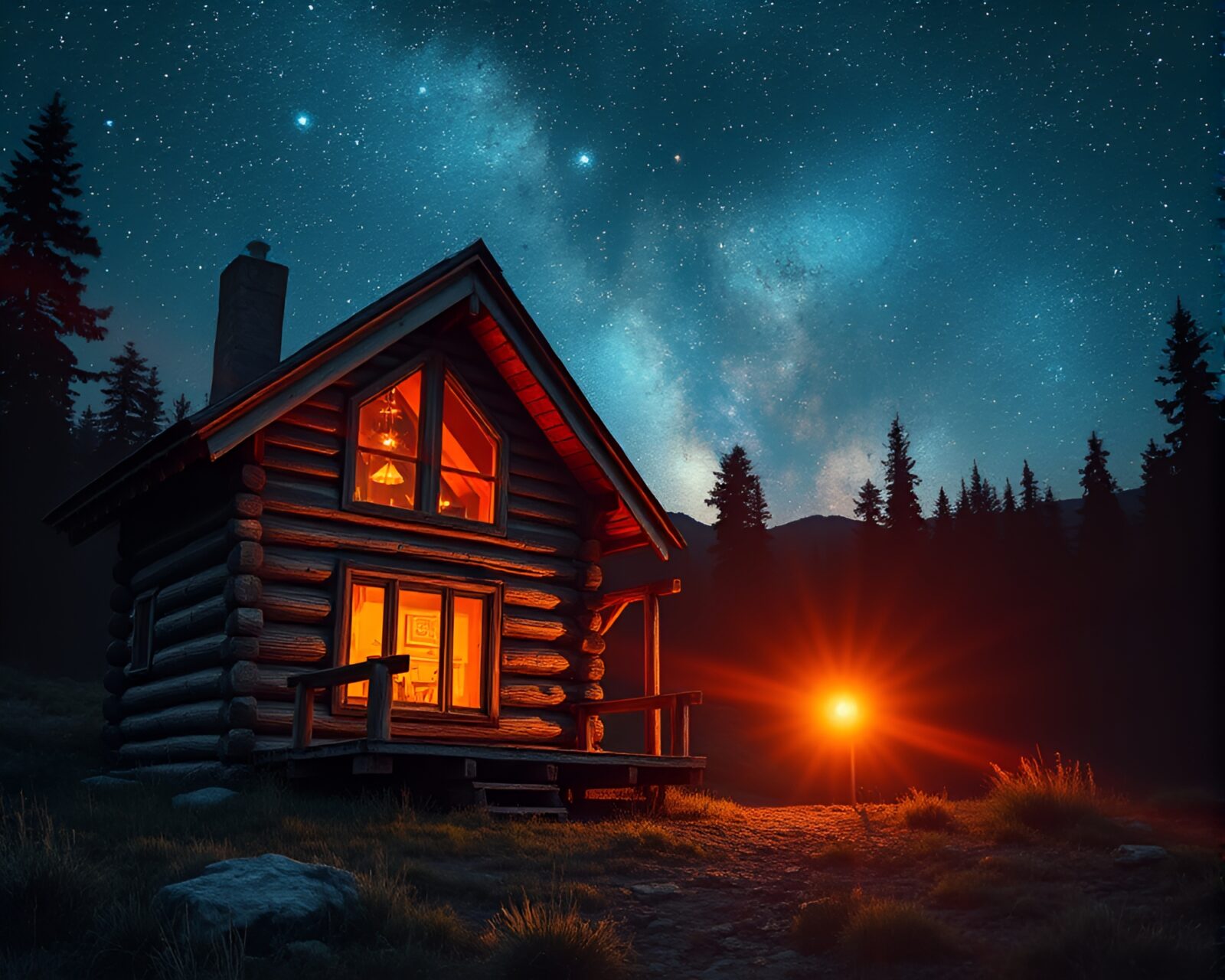 Rustic cabin with galaxy-inspired hues and landscape etching