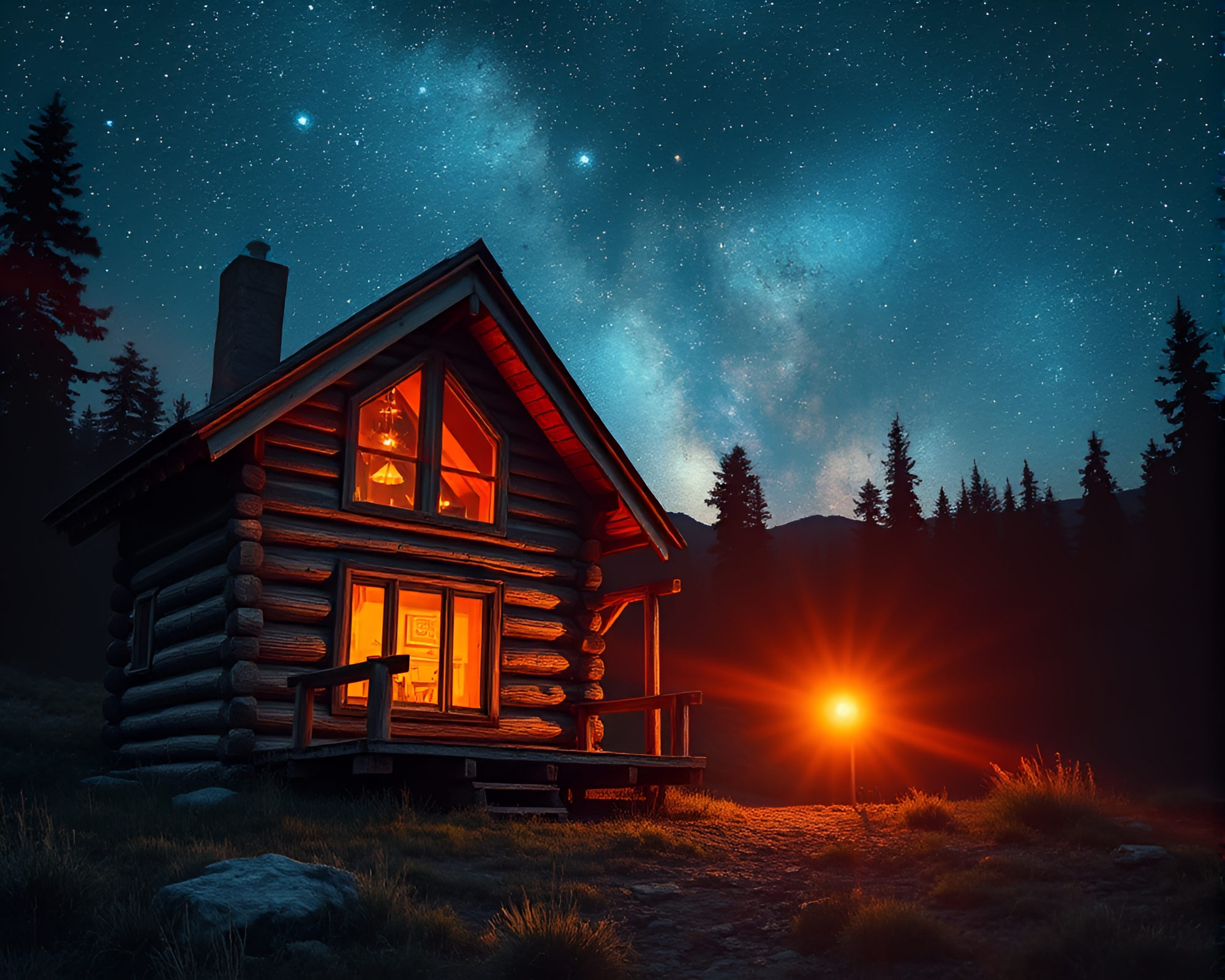 Rustic Cabin Under Cosmic Lens Flare – free AI stock image