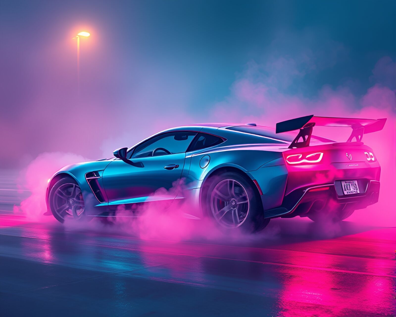 Vibrant steam vapor surrounding fantastical flying car etching