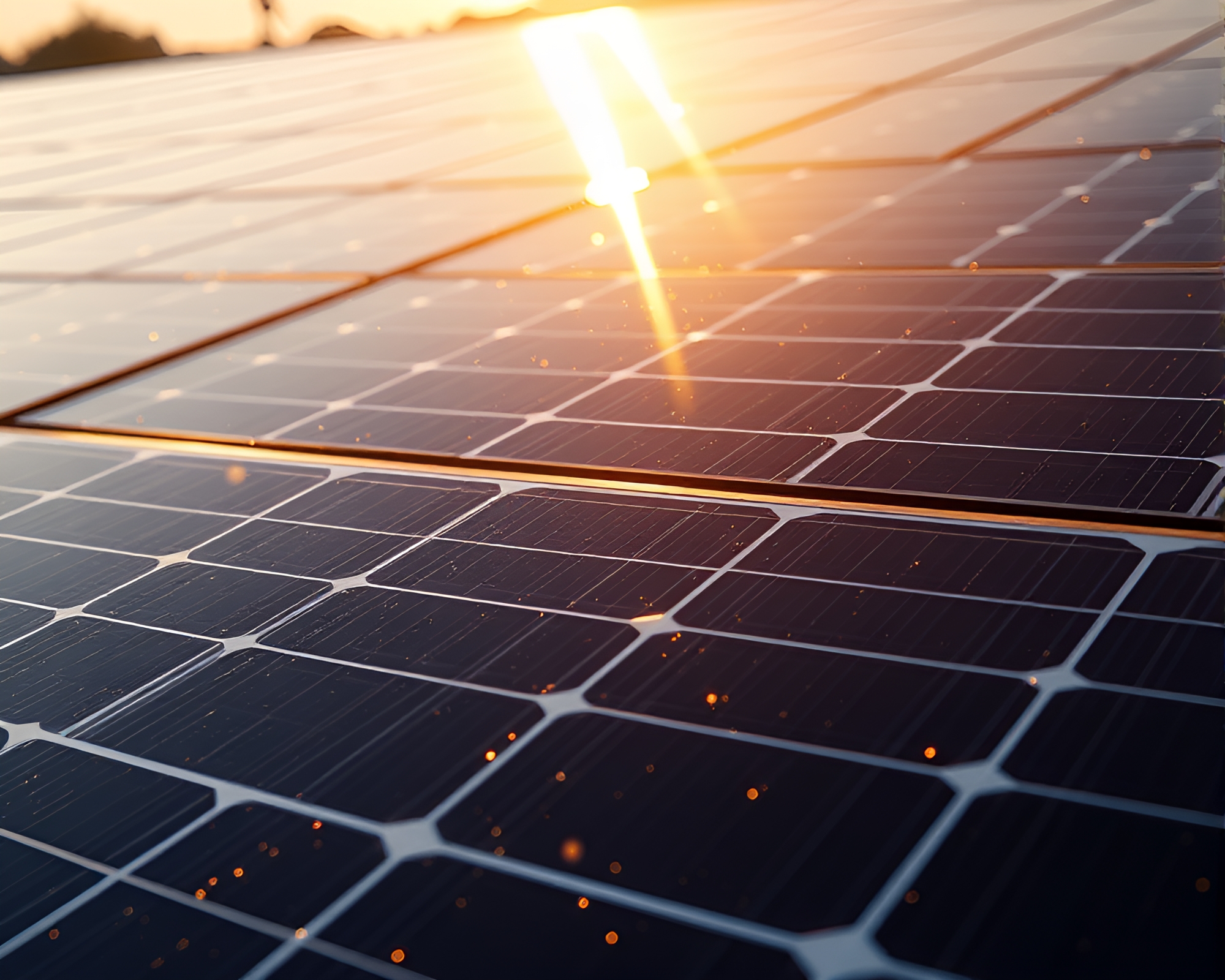 Morning Glow over Metallic Solar Panels – free AI stock image