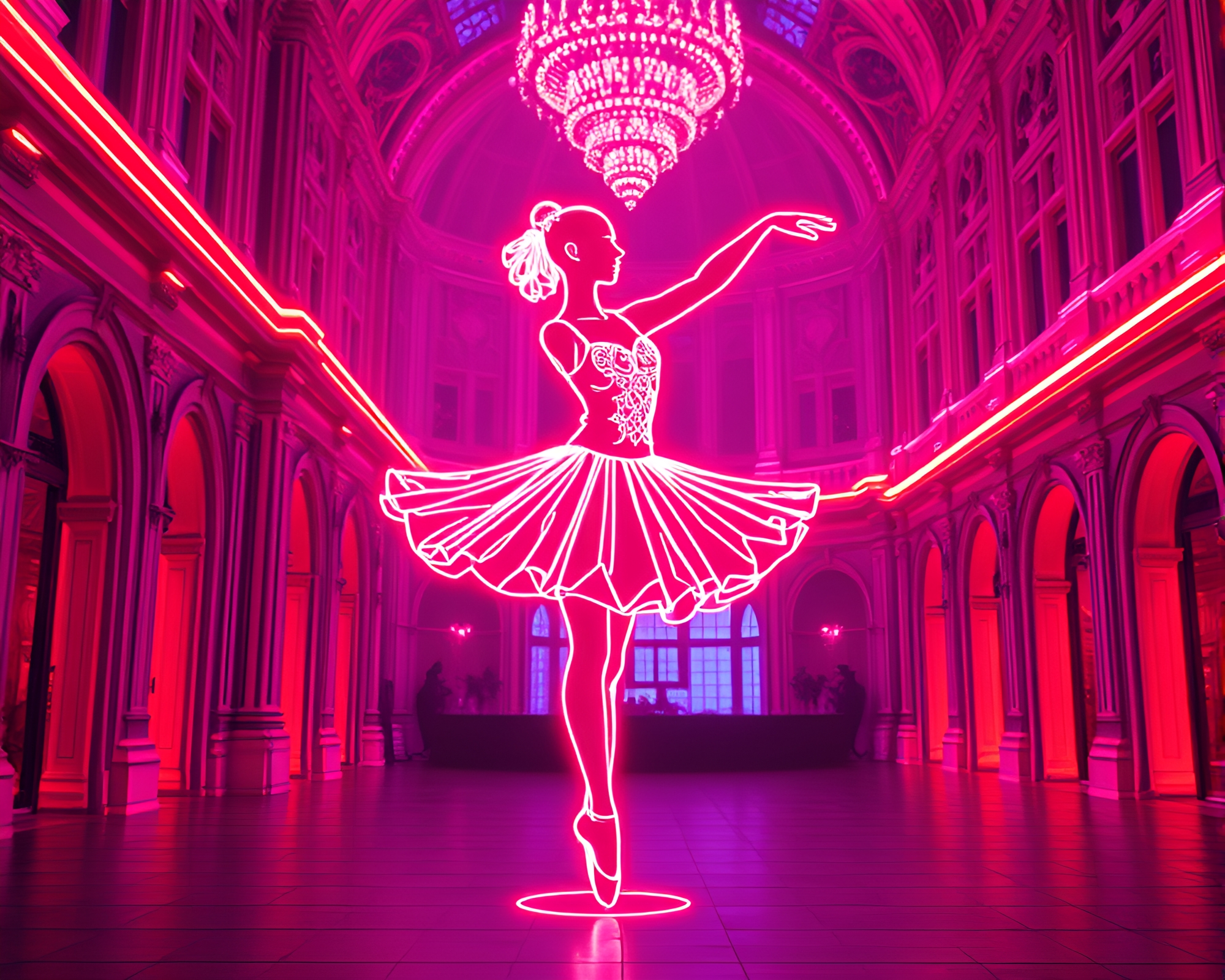 Neon wireframe ballet dancer in architectural lights – free AI stock image
