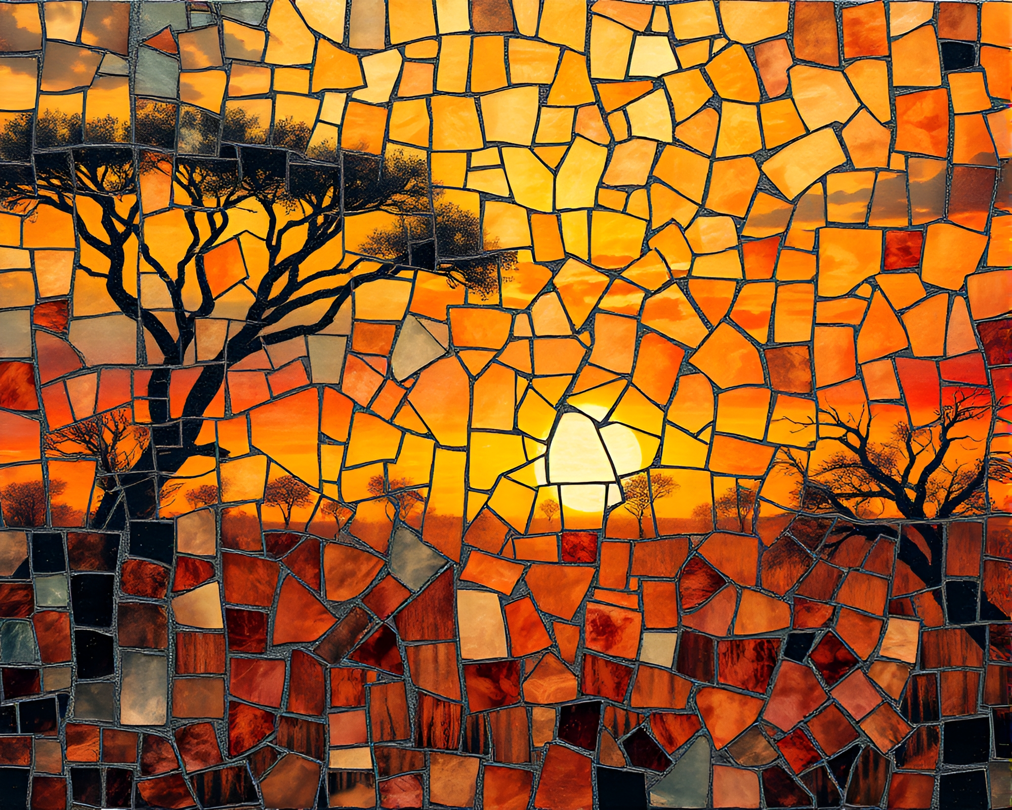 Savanna Sunset: Photocollage of Broken Mosaic Fragments – free AI stock image