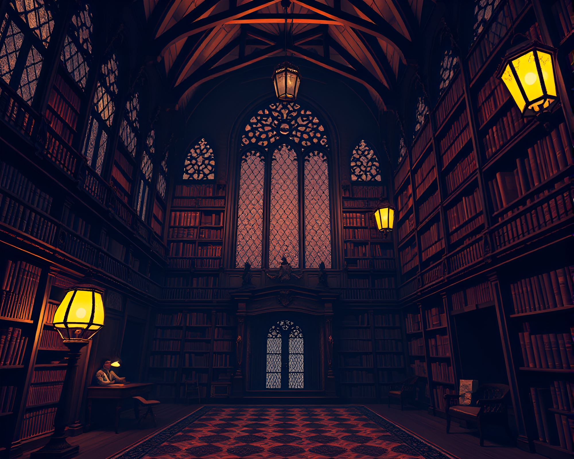 Neo-Gothic Mansion Library with Pixel Art Aesthetic – free AI stock image