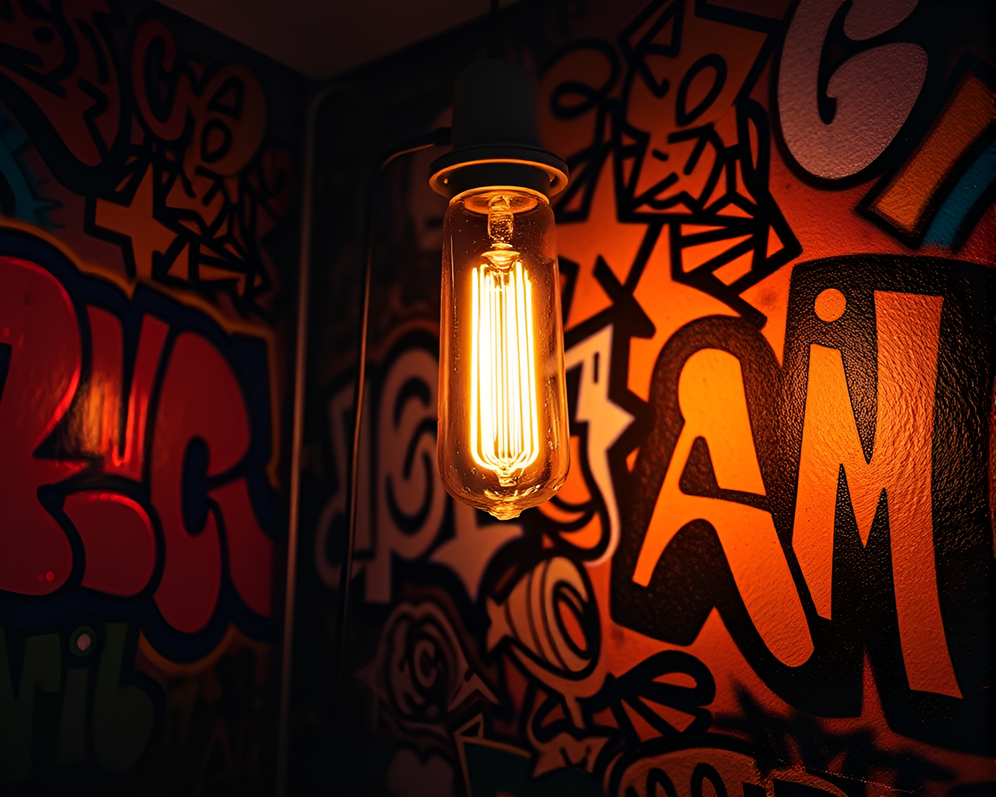 Neon Graffiti Illuminated Library Lamp Patterns – free AI stock image